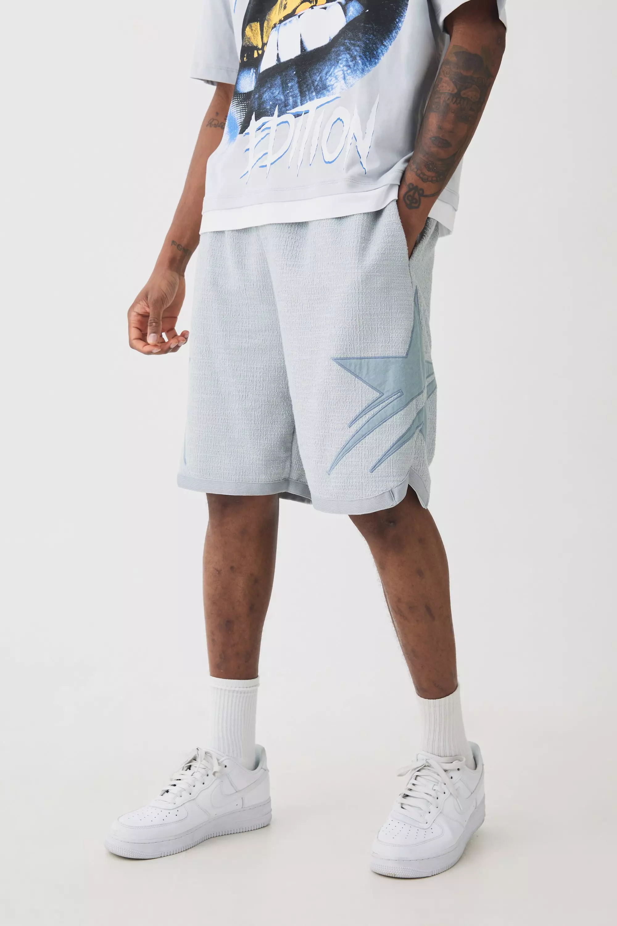 Tall Textured Star Embroidered Mid Length Basketball Short Grey