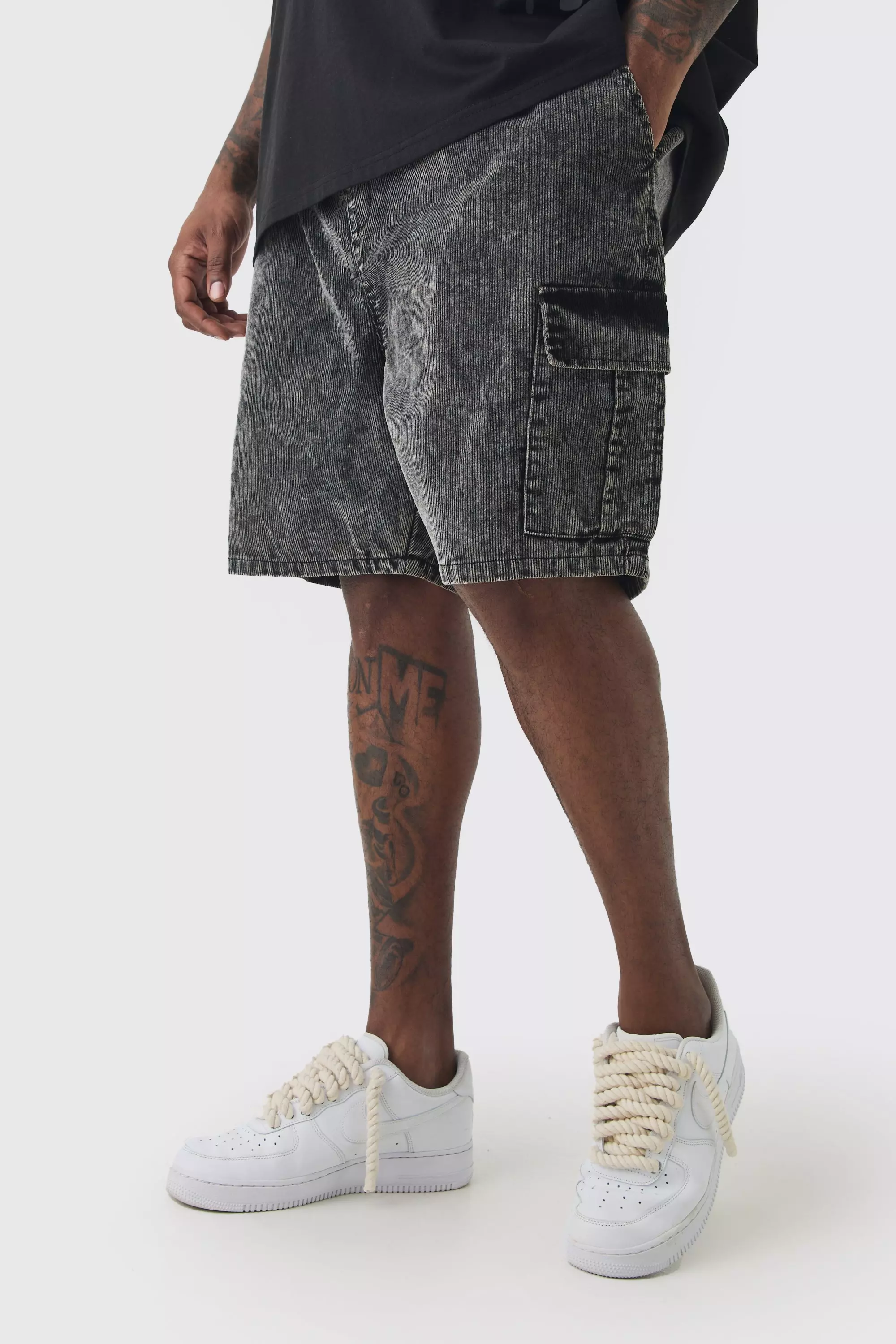 Plus Cord Washed Cargo Shorts In Black Black