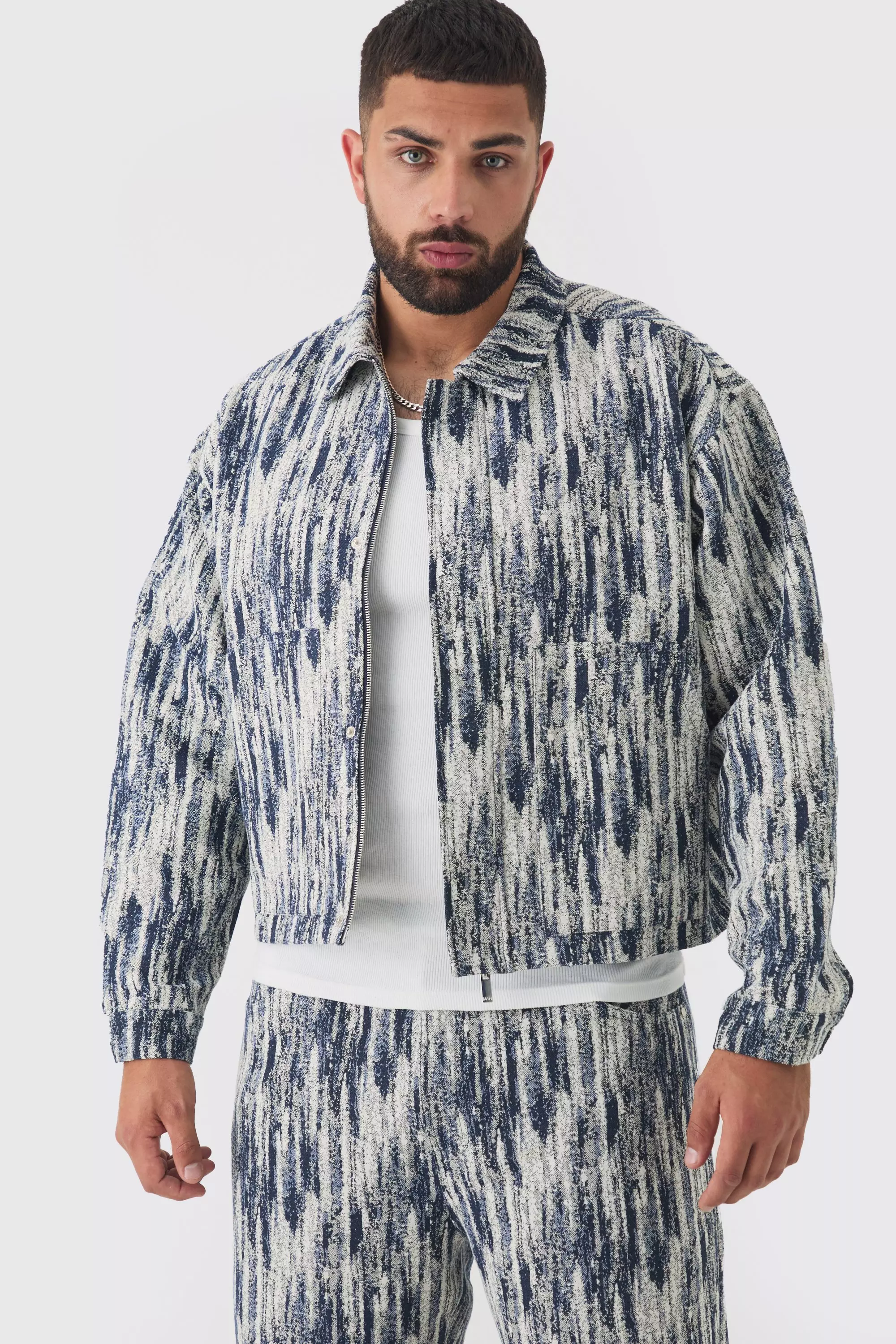 Dark blue Plus Oversized Fit Fabric Interest Denim Jacket alternative image