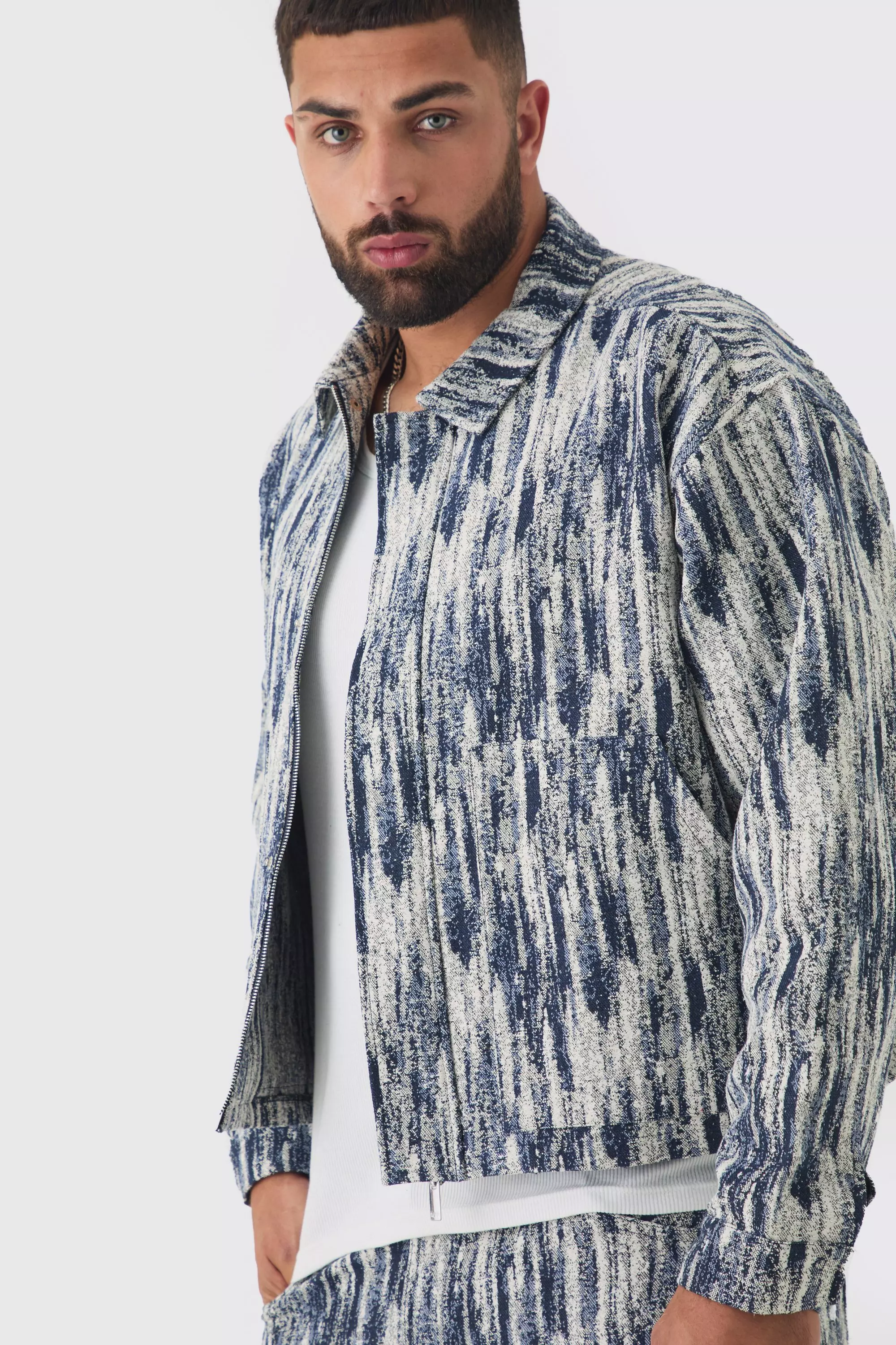 Dark blue Plus Oversized Fit Fabric Interest Denim Jacket alternative image