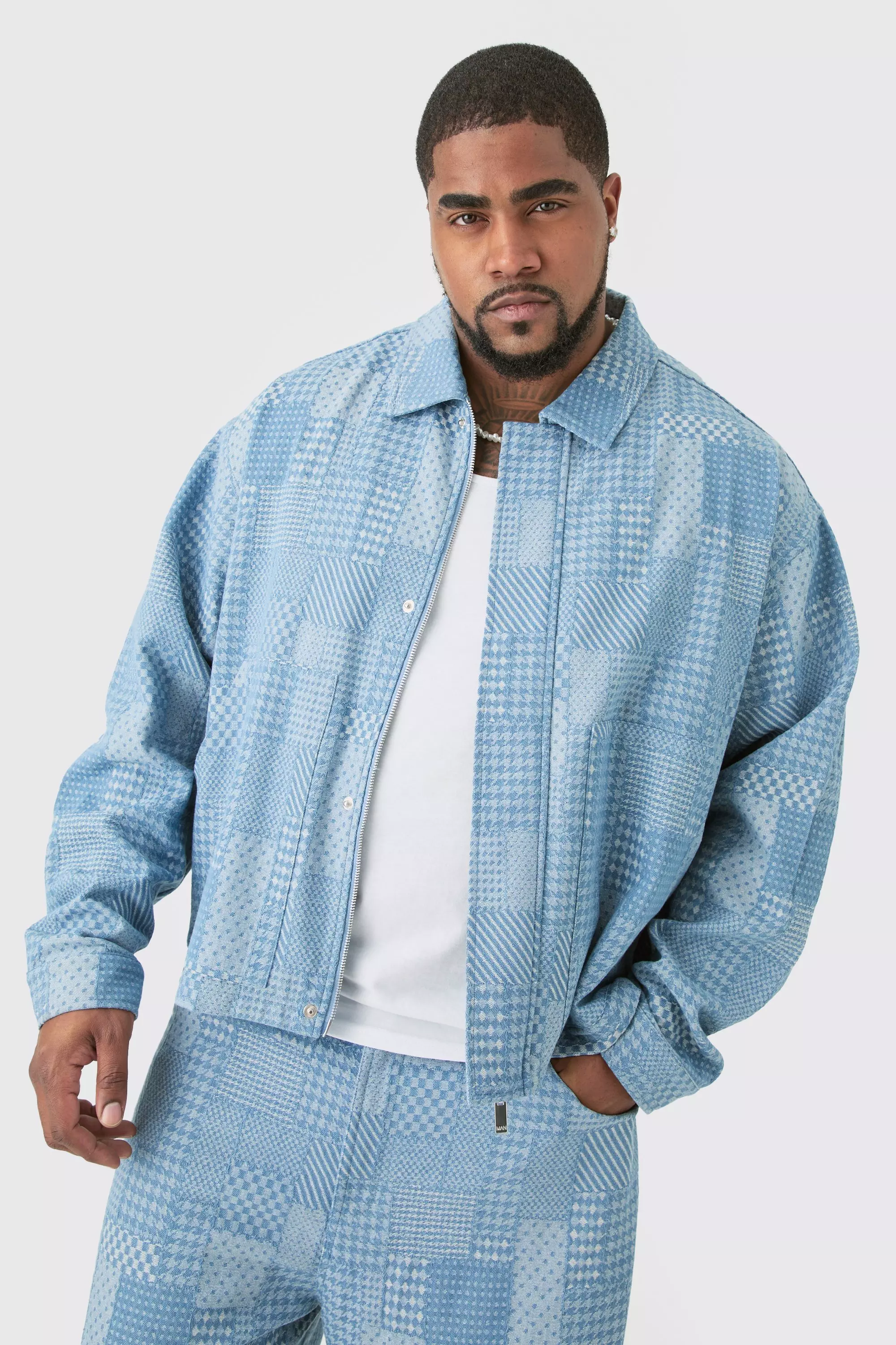 Plus Oversized Fit Fabric Interest Jean Jacket Light blue