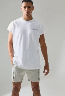 White Active Training Dept Oversized Extended Neck Cut Off T-shirt