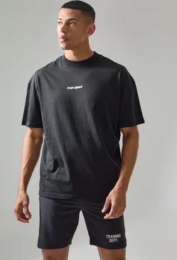 Man Active Oversized Extended Neck Sport Logo T-shirt Black
