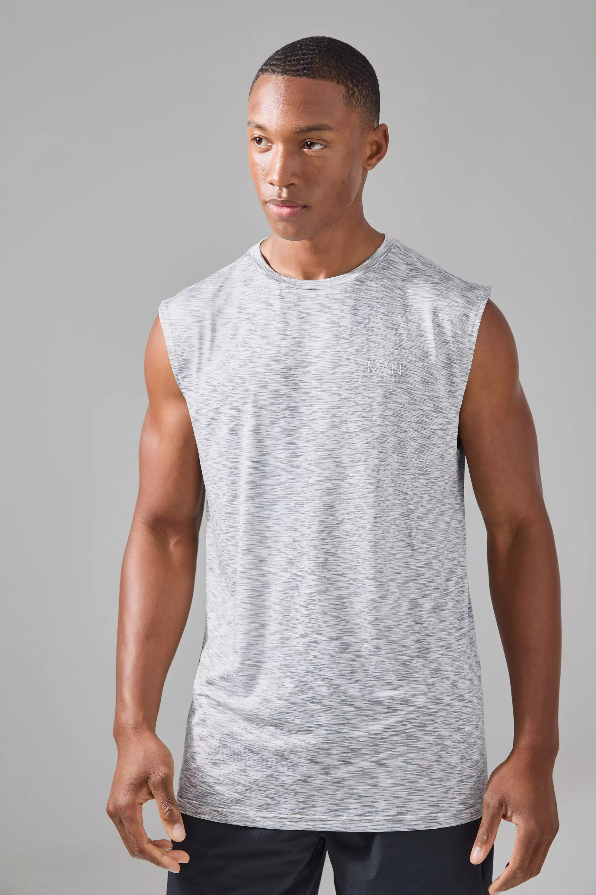 Man Active Lightweight Space Dye Marl Reg Fit Tank Black