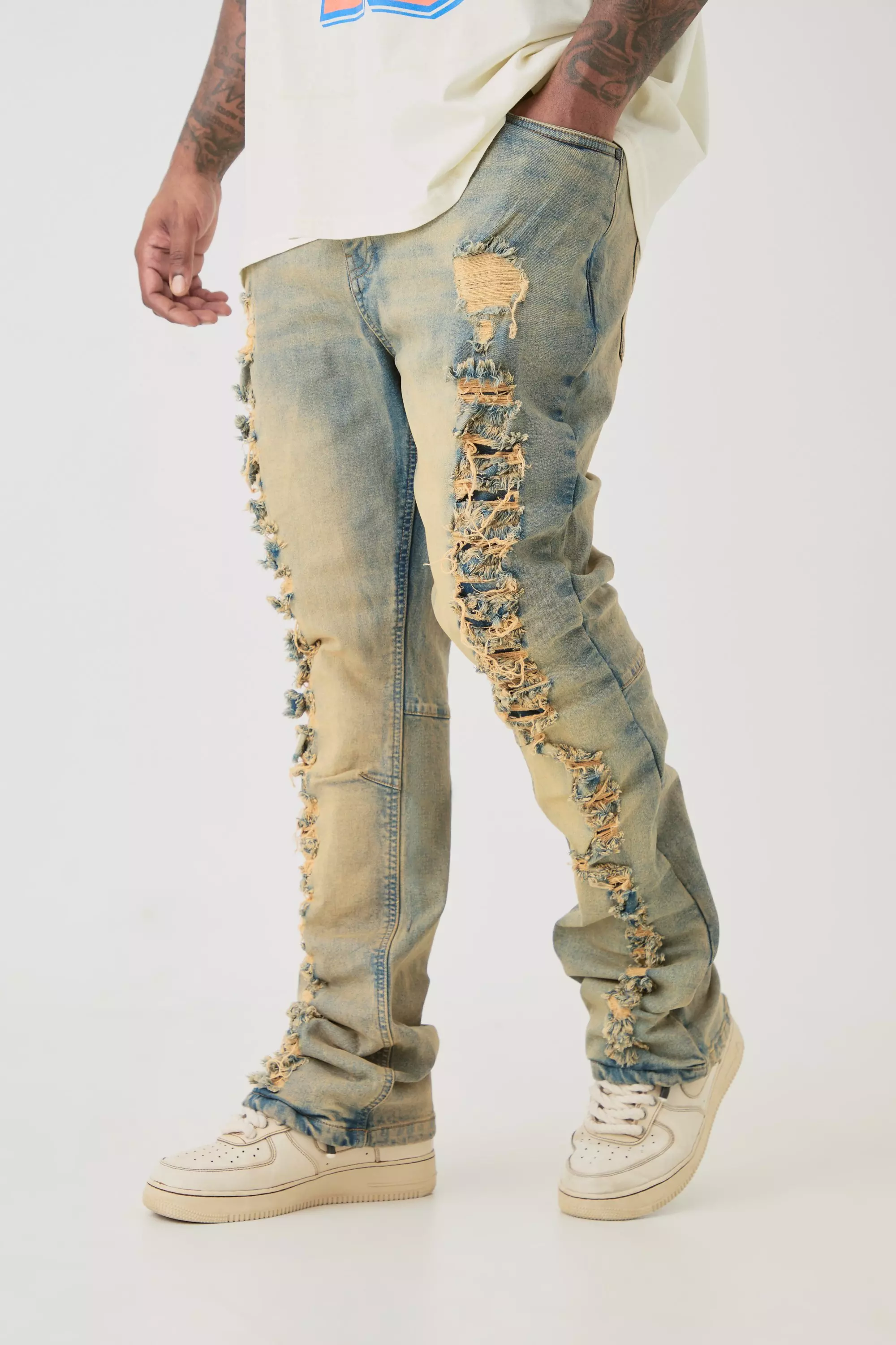 Bleach wash Plus Distressed Stretch Skinny Flared Jeans alternative image