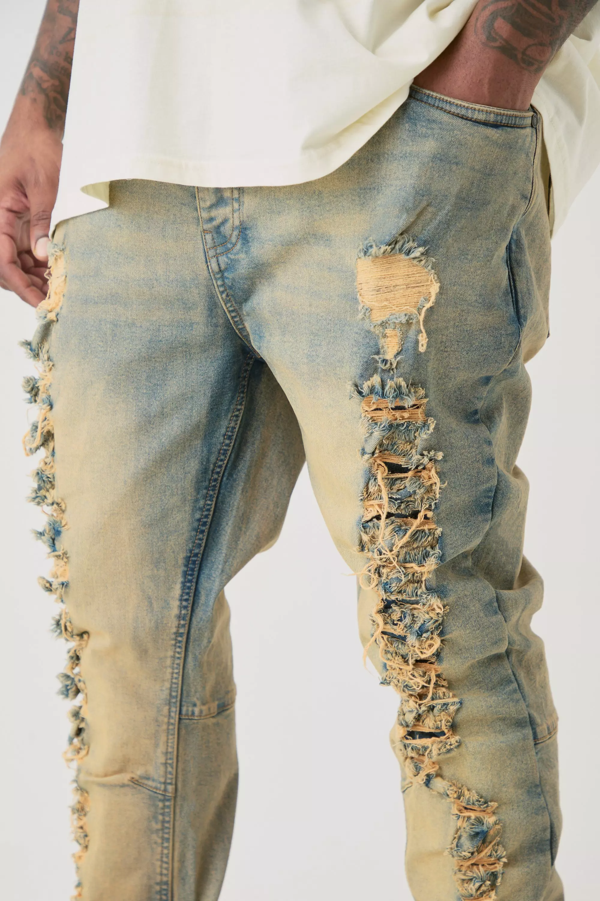 Bleach wash Plus Distressed Stretch Skinny Flared Jeans alternative image