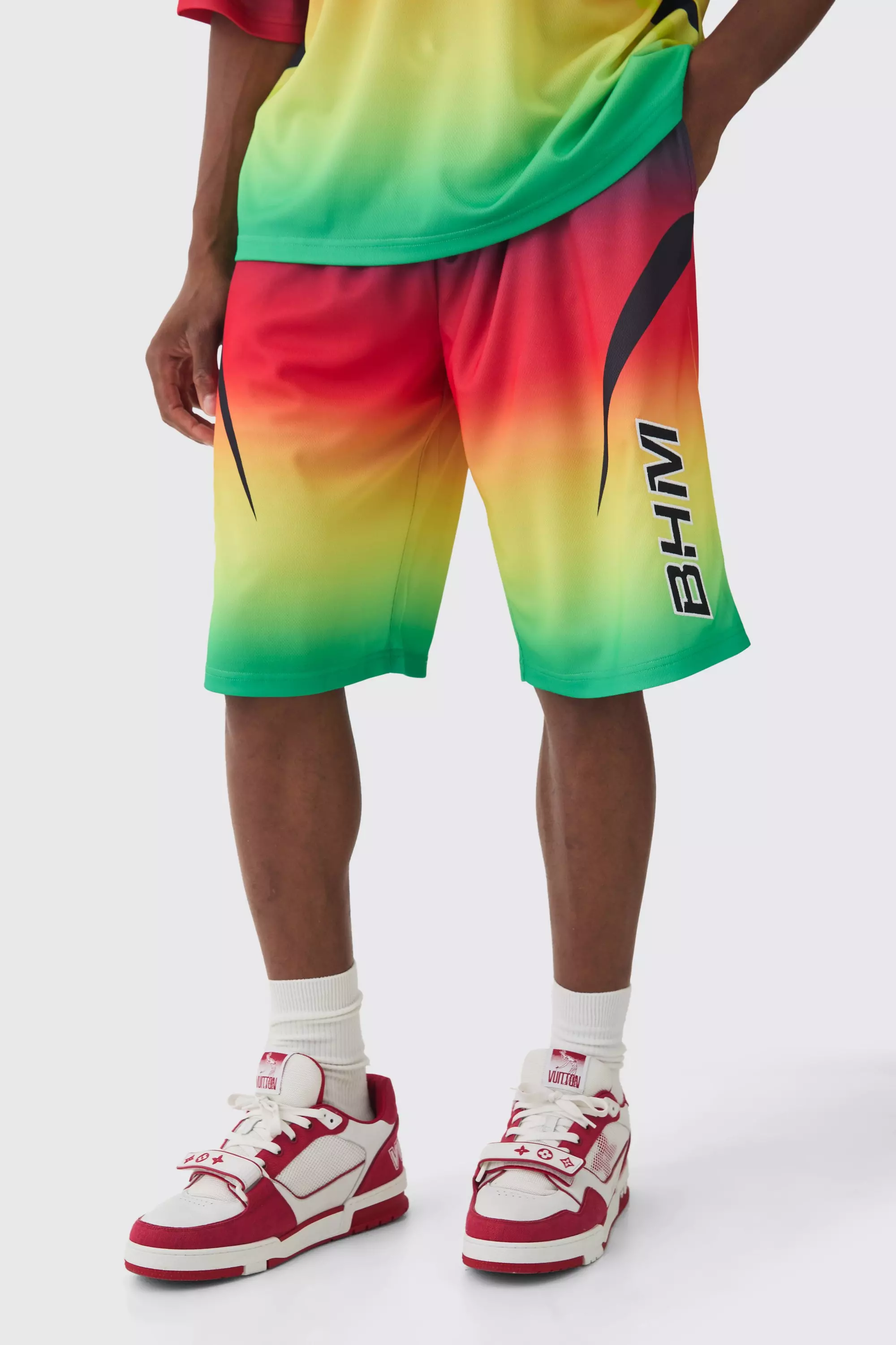 Mesh Basketball Applique Ombre Long Shorts Multi