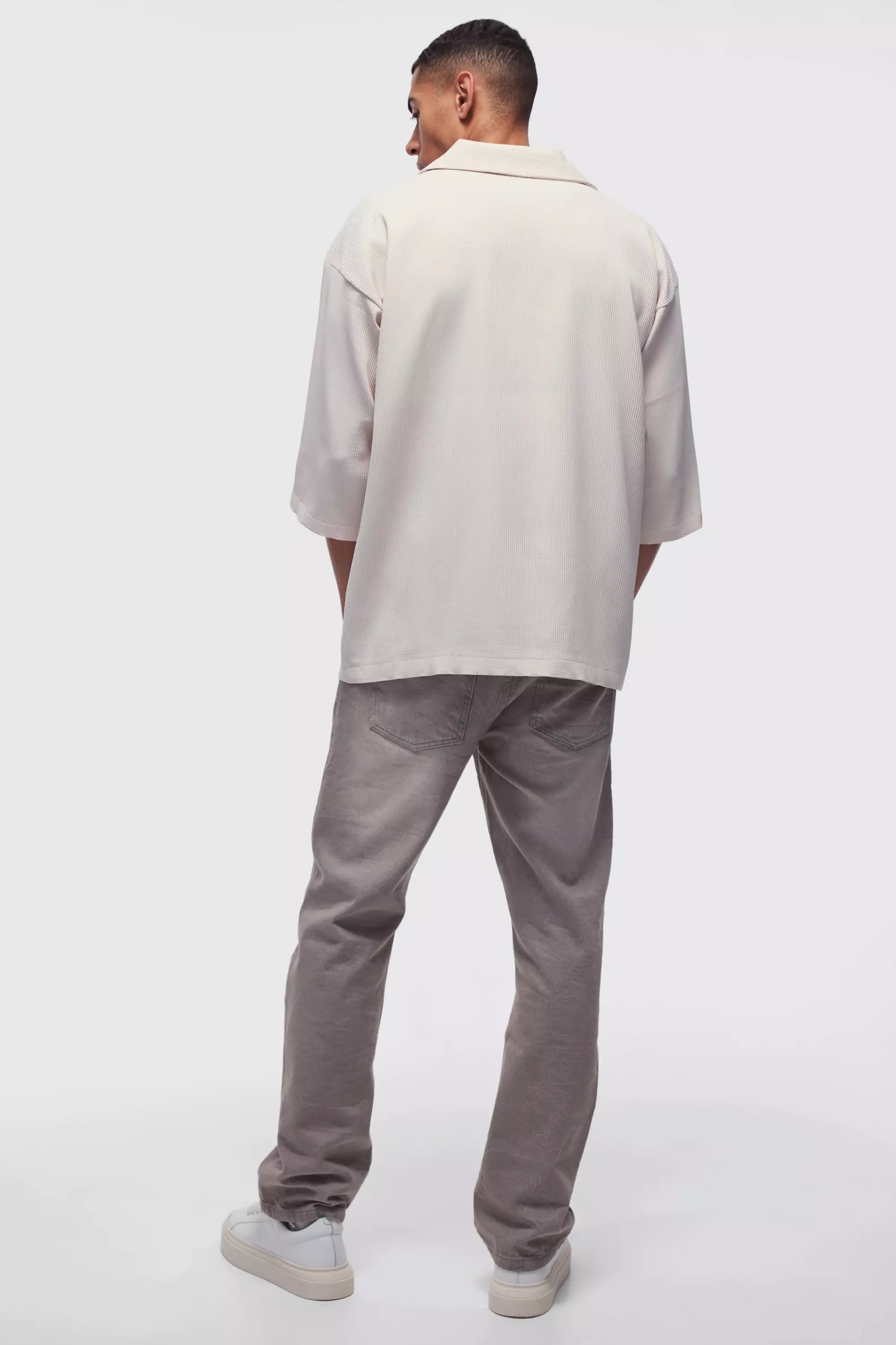 Ecru Super Oversized Pleated Oversized V Neck Shirt alternative image
