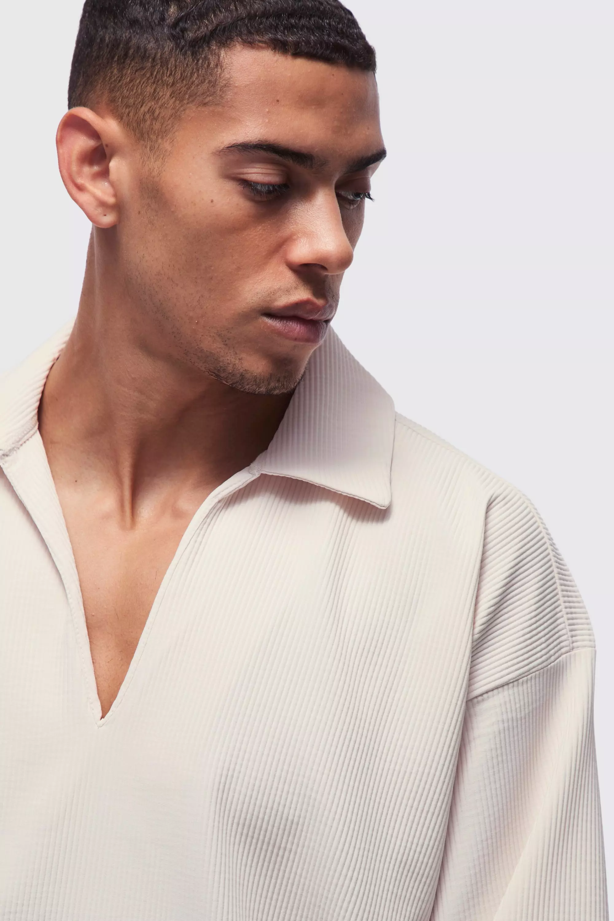 Ecru Super Oversized Pleated Oversized V Neck Shirt alternative image