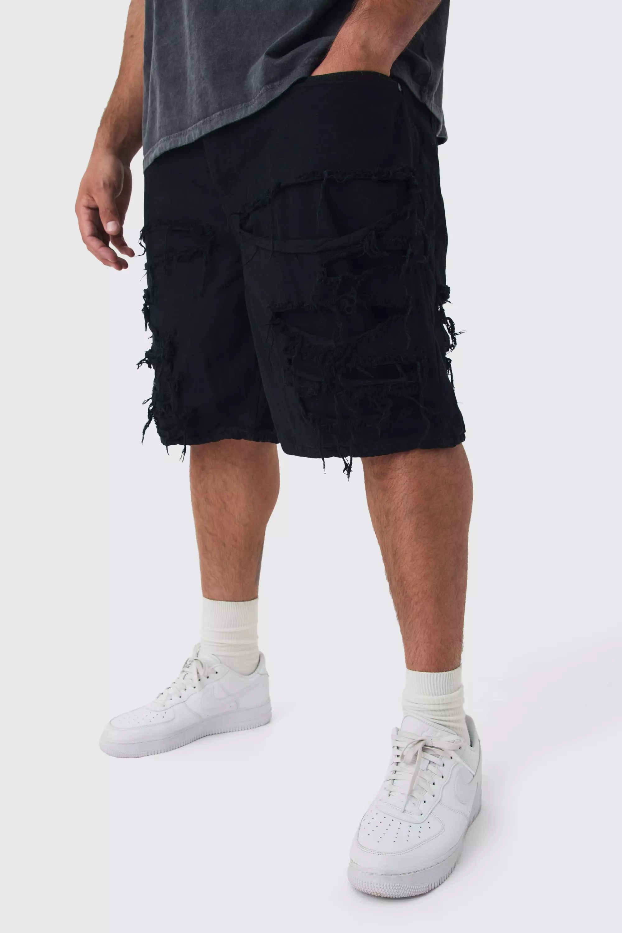 Grey Plus Distressed Twill Overdyed Shorts In Washed Black