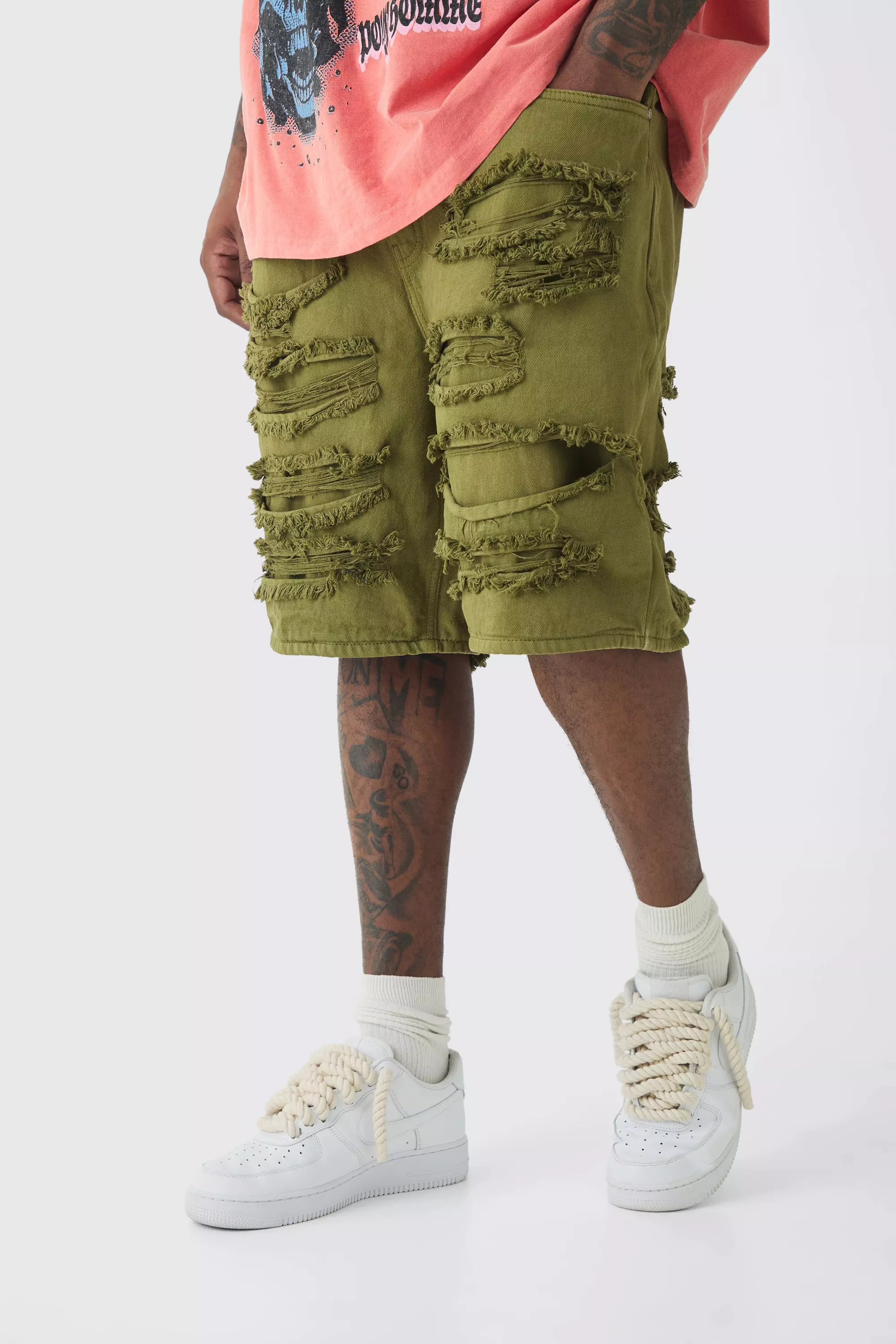 Plus Distressed Twill Overdyed Shorts In Khaki Khaki