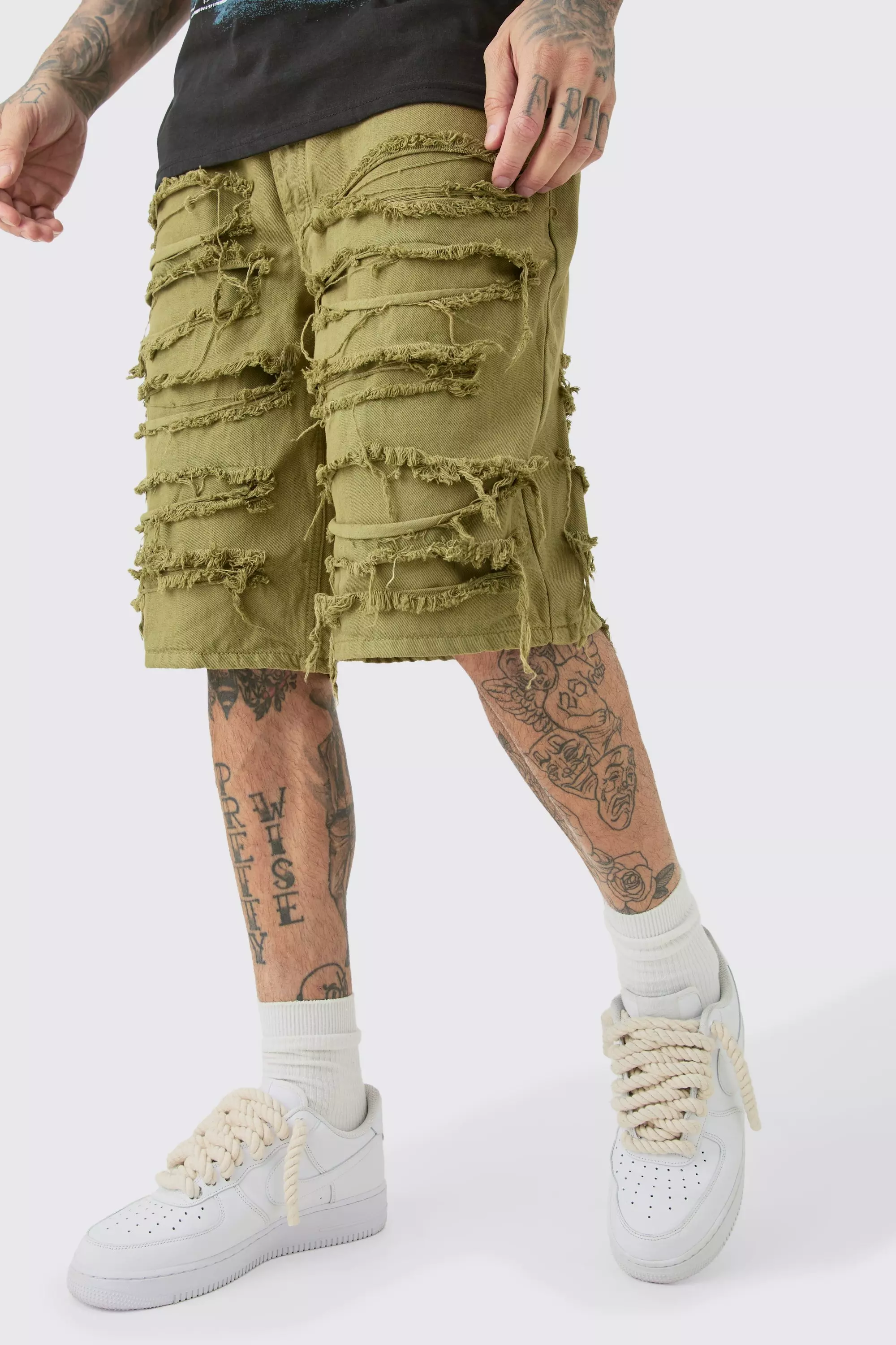 Tall Relaxed Distressed Twill Over dye Shorts In Khaki Khaki