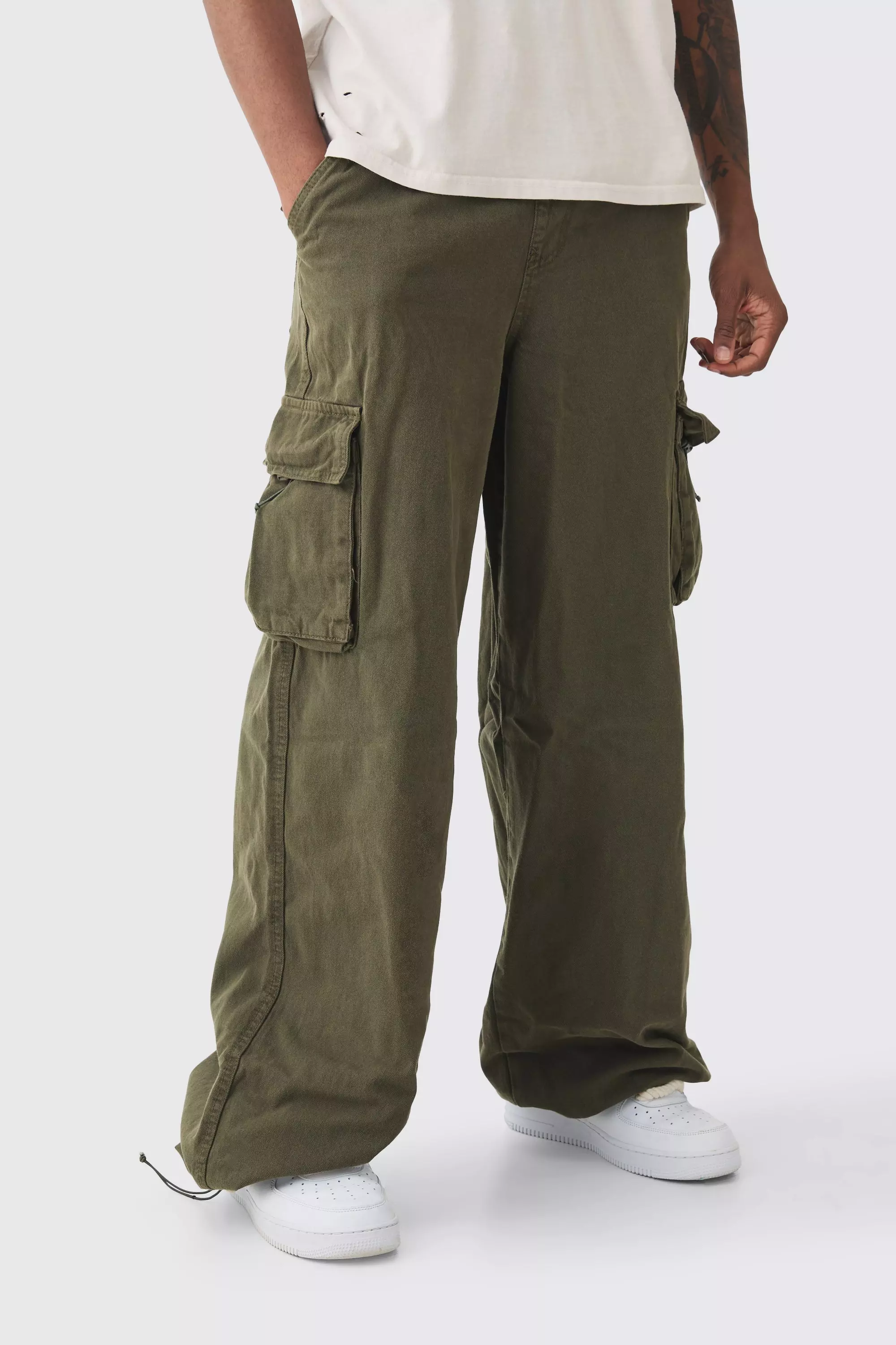 Tall Extreme Baggy Fit Toggle Cargo Pants In Khaki Khaki