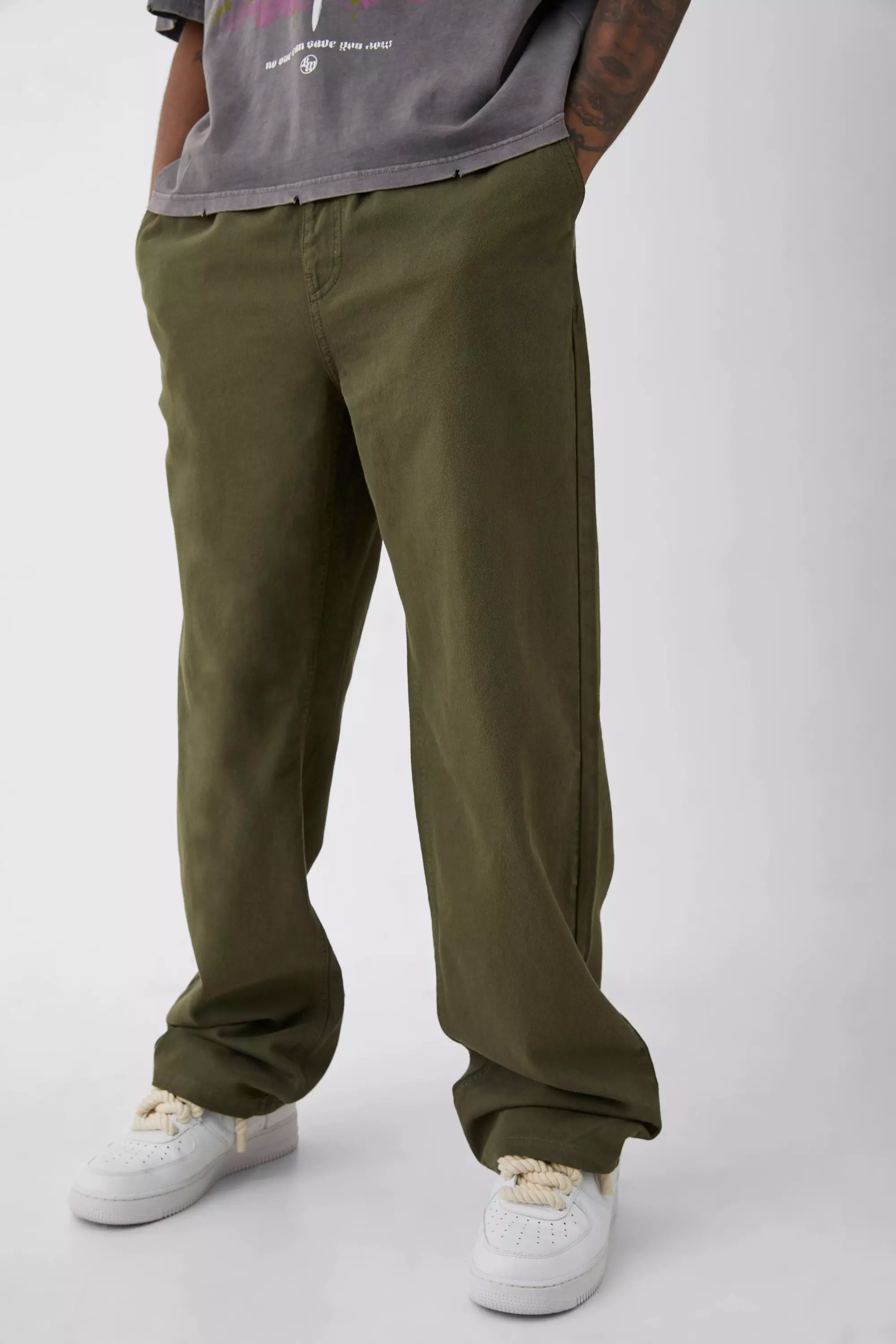 Tall Elasticated Waist Drawcord Detail Relaxed Fit Pants In Khaki Khaki