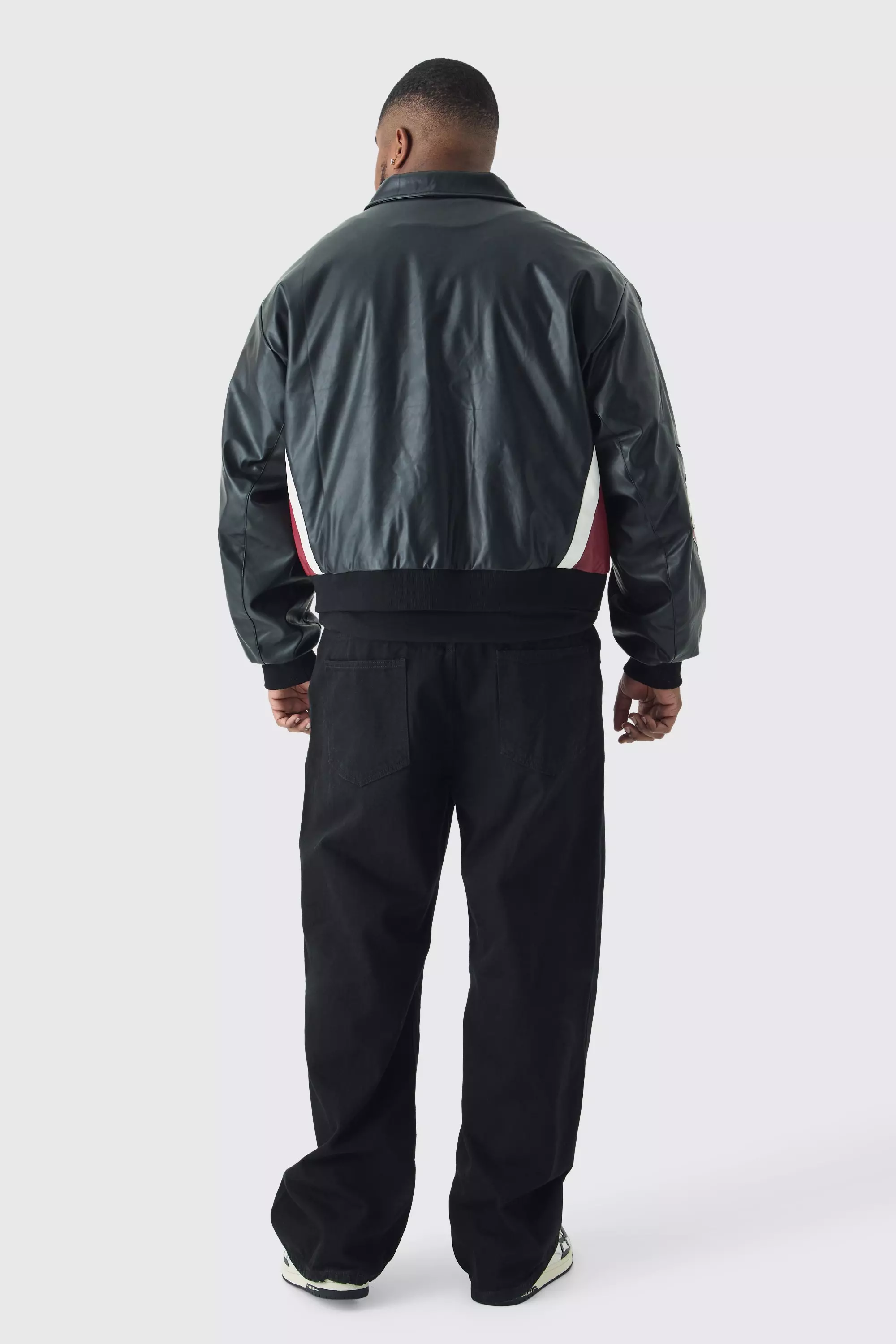 Plus Oversized Worldwide Collared PU Bomber Jacket In Black