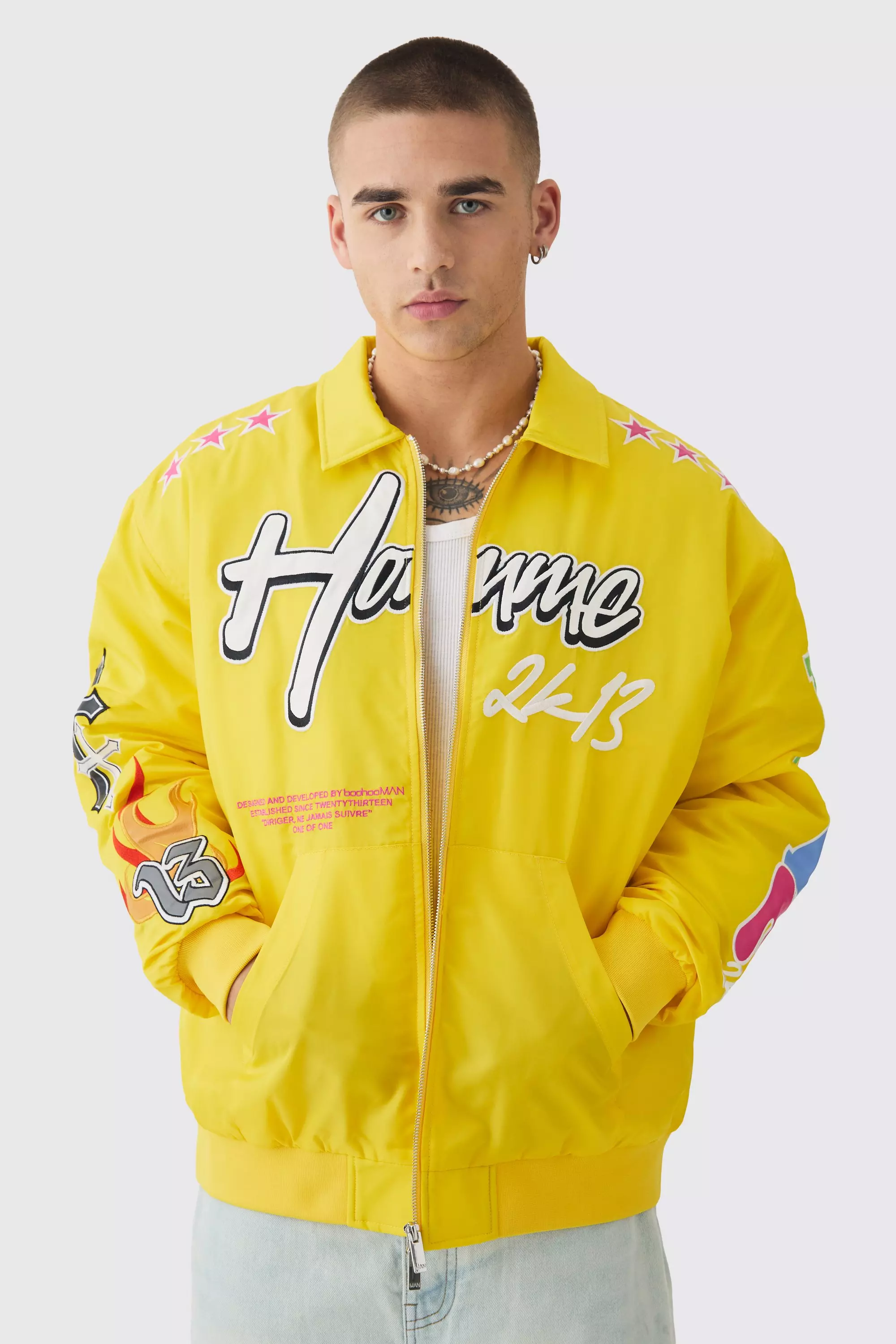 Oversized Multi Badge Nylon Varsity Bomber Jacket In Yellow Yellow