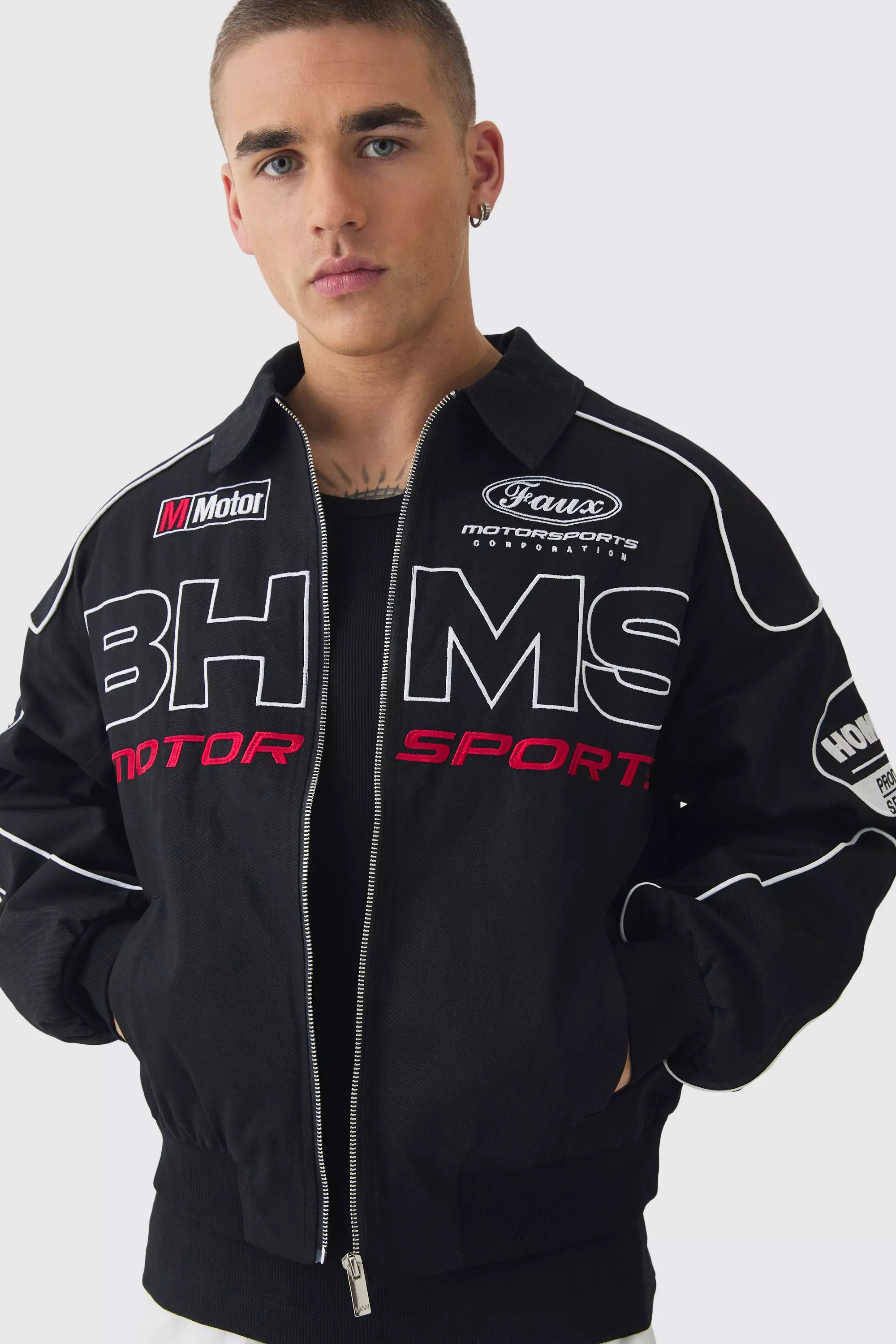 Boxy Badge Twill Moto Jacket In Black alternative image