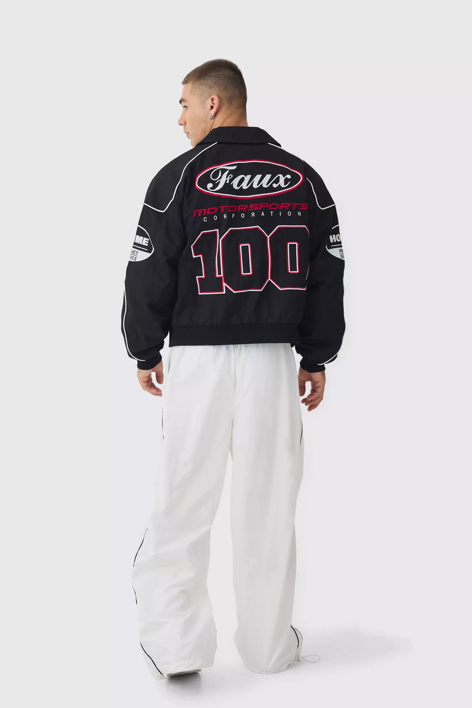 Boxy Badge Twill Moto Jacket In Black alternative image