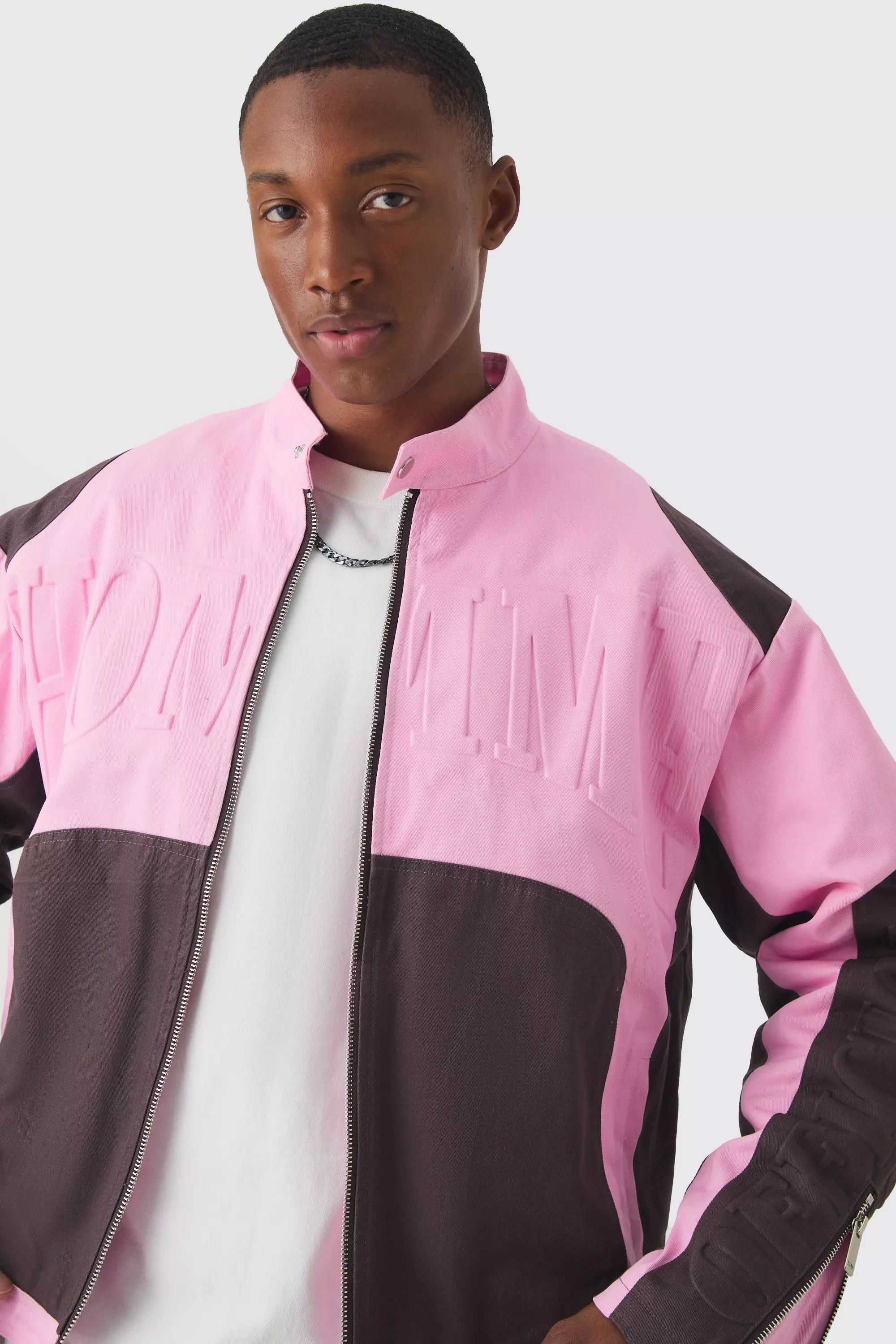Boxy Twill Homme Moto Jacket In Pink boohooMAN