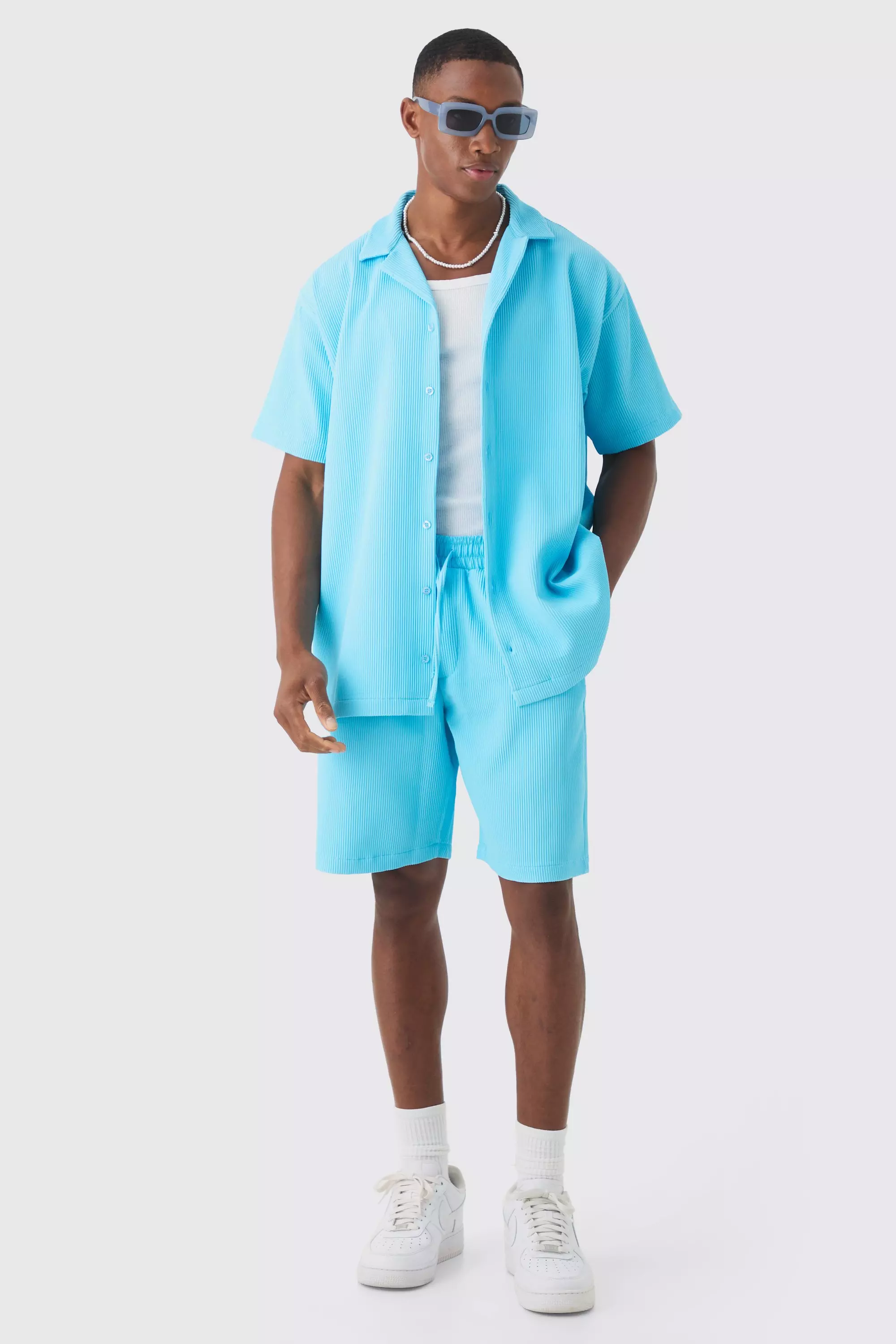 Aqua Blue Oversized Short Sleeve Pleated Shirt And Short Set