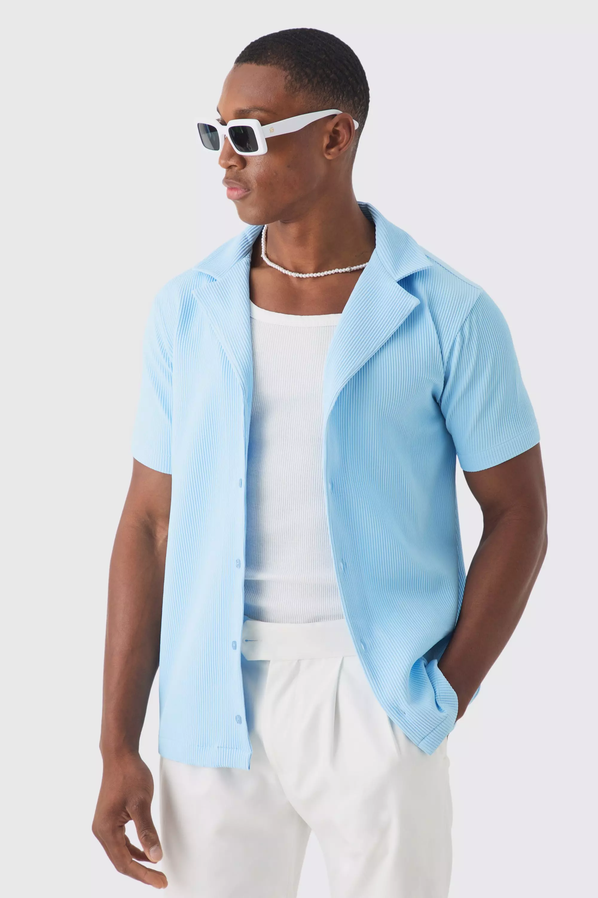 Pleated Muscle Fit Revere Shirt Pale blue