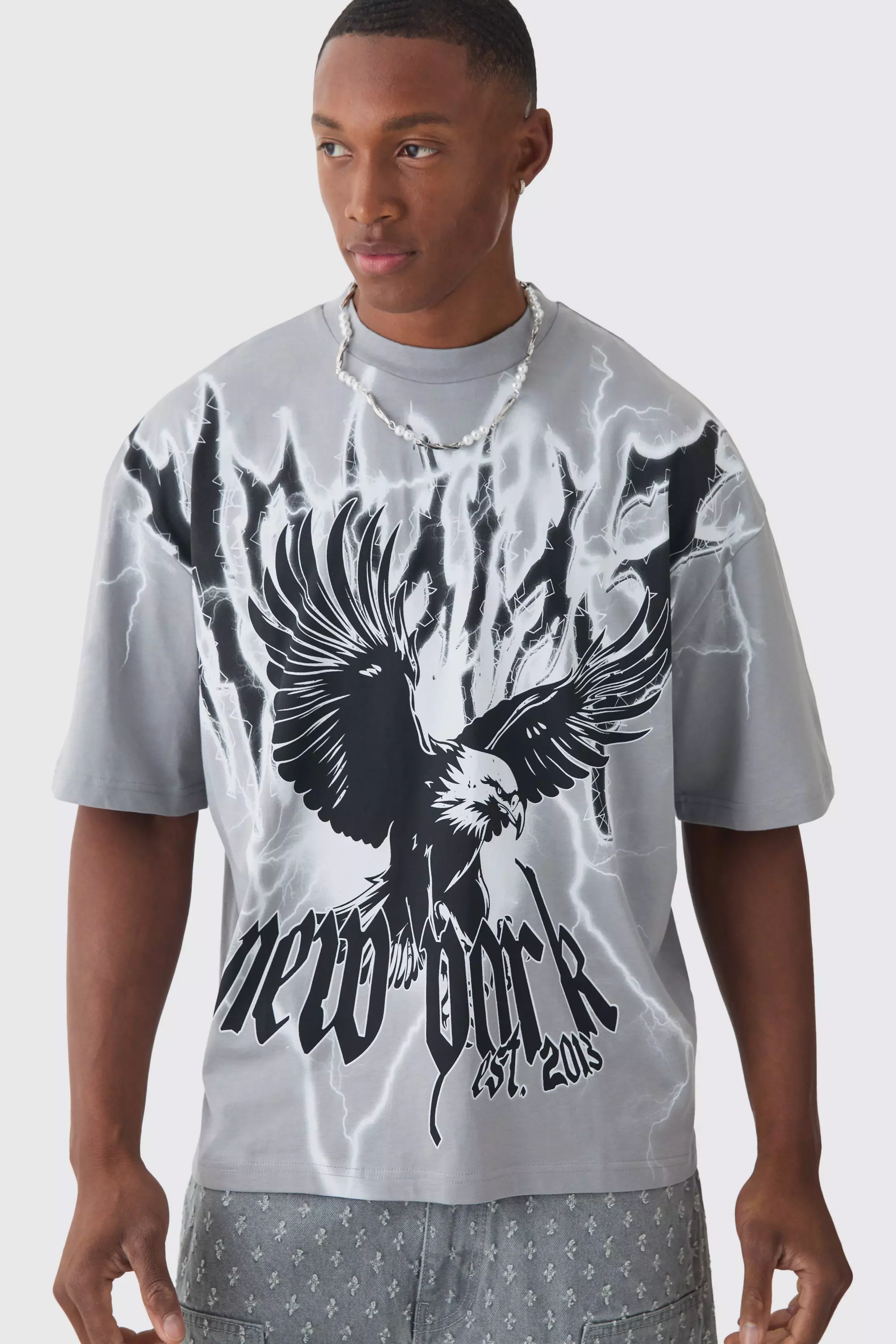 Grey Oversized Boxy Extended Neck Extreme Eagle T-shirt