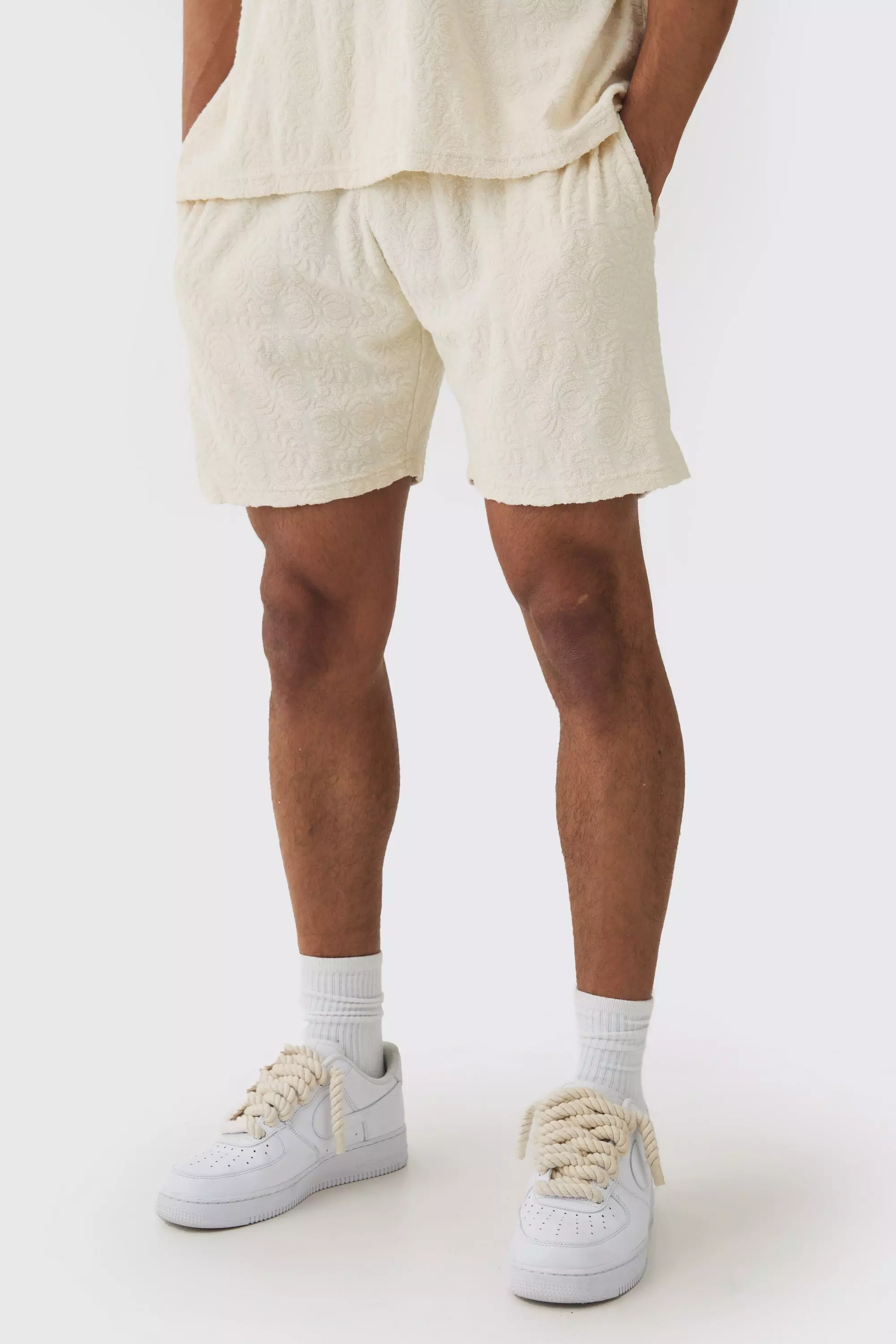 Loose Fit Floral Embossed Towelling Short | boohooMAN USA
