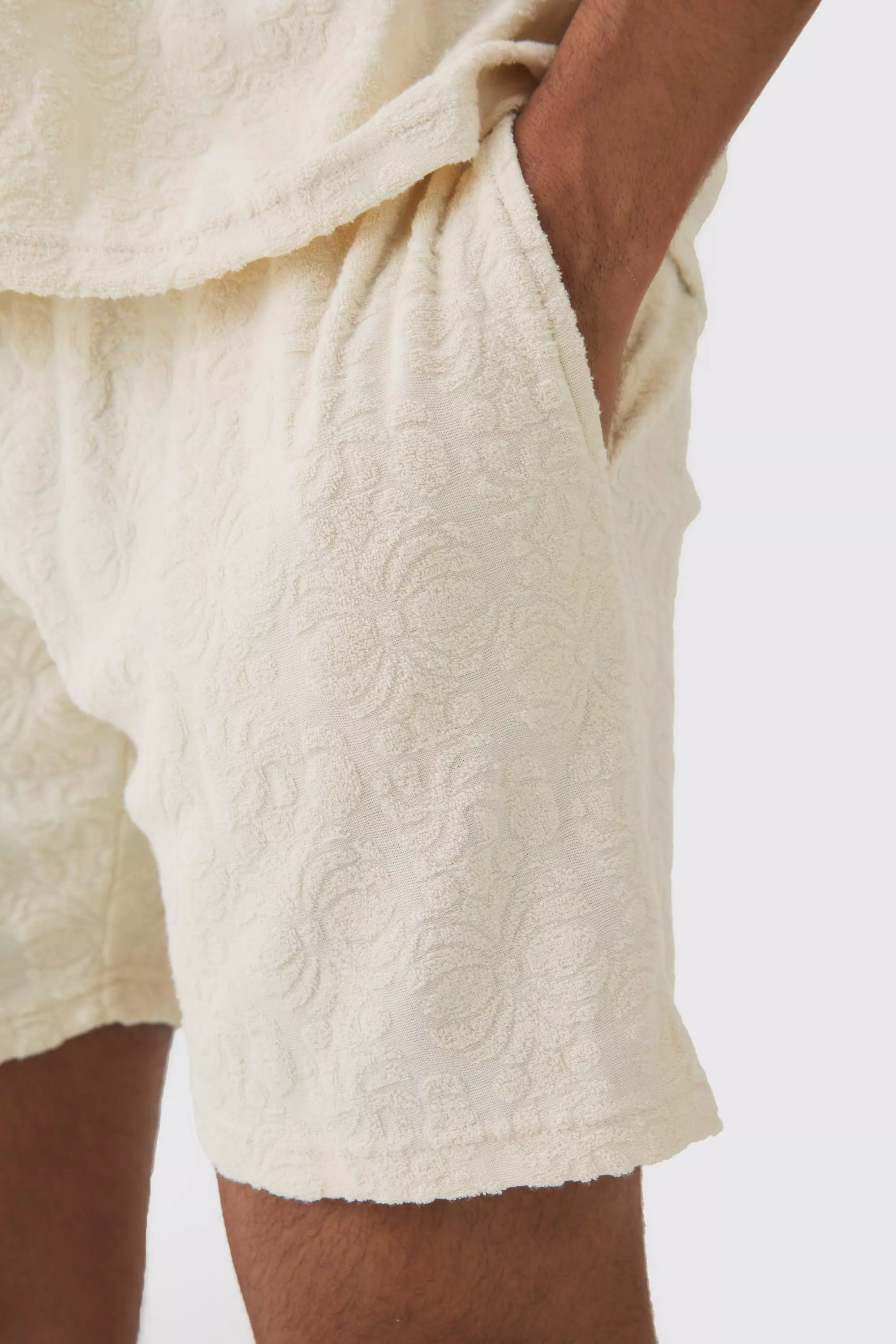 Loose Fit Floral Embossed Towelling Short | boohooMAN USA
