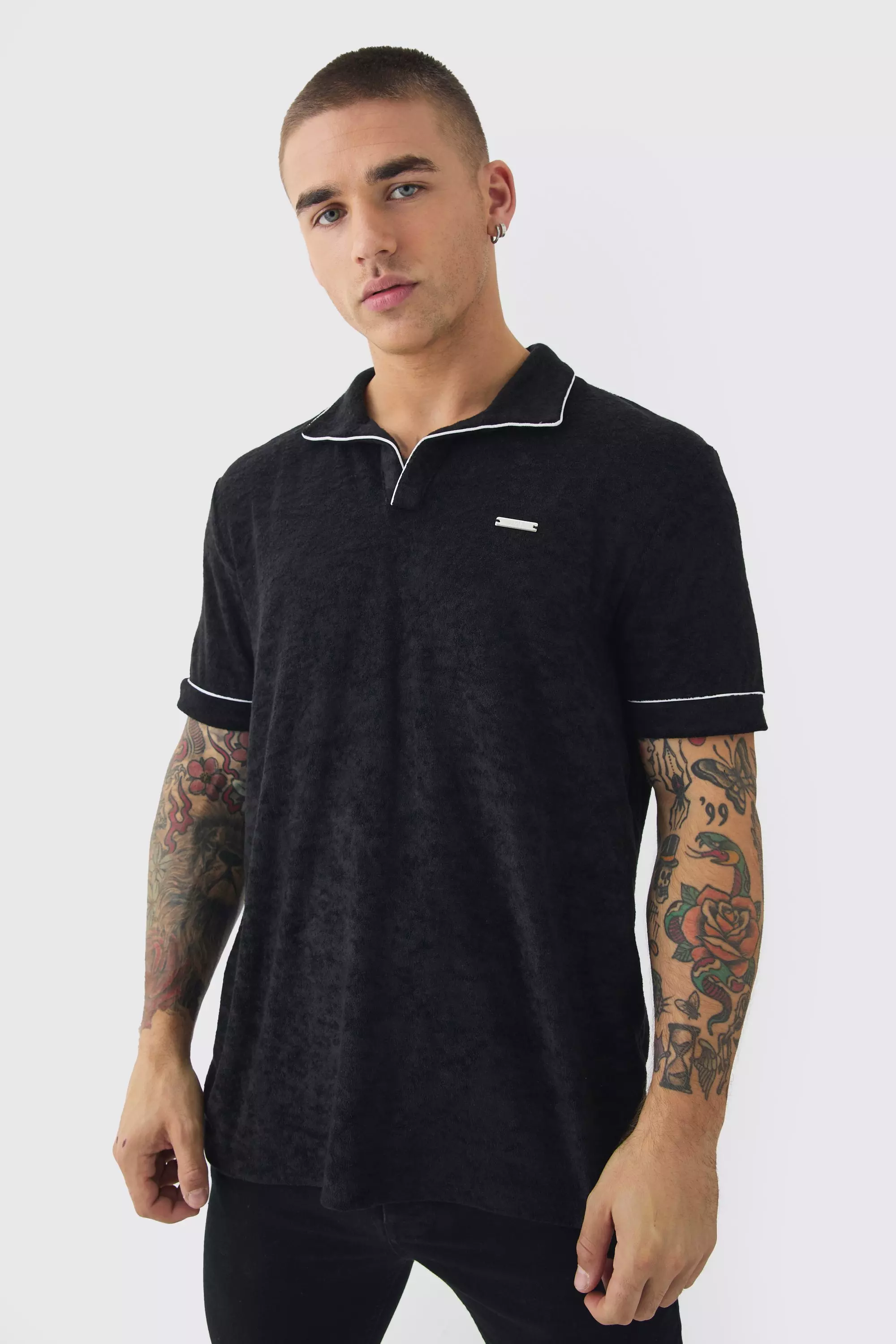 Towelling Polo With Piping & Metal Tab Black