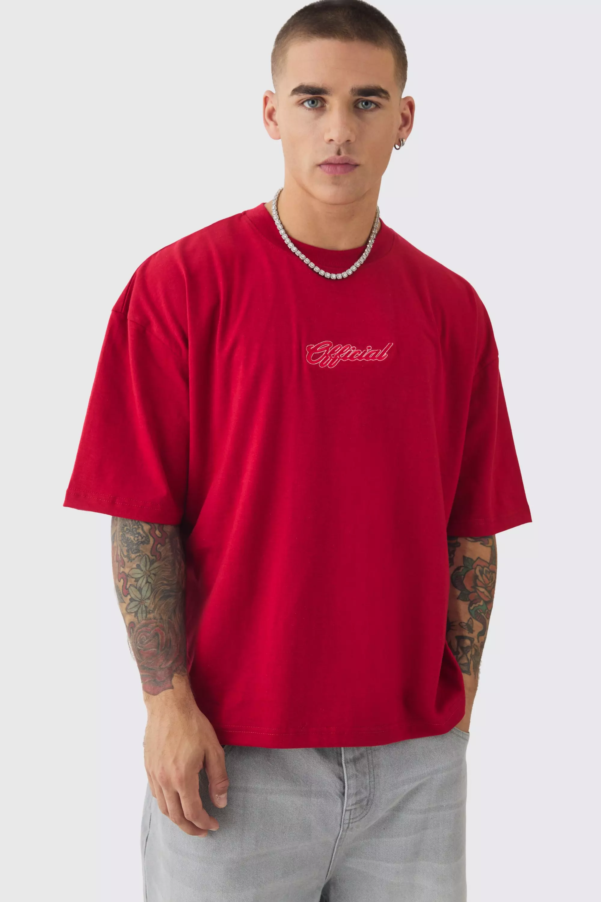 Oversized Boxy Extended Neck Heavyweight Embroidered T-shirt Red