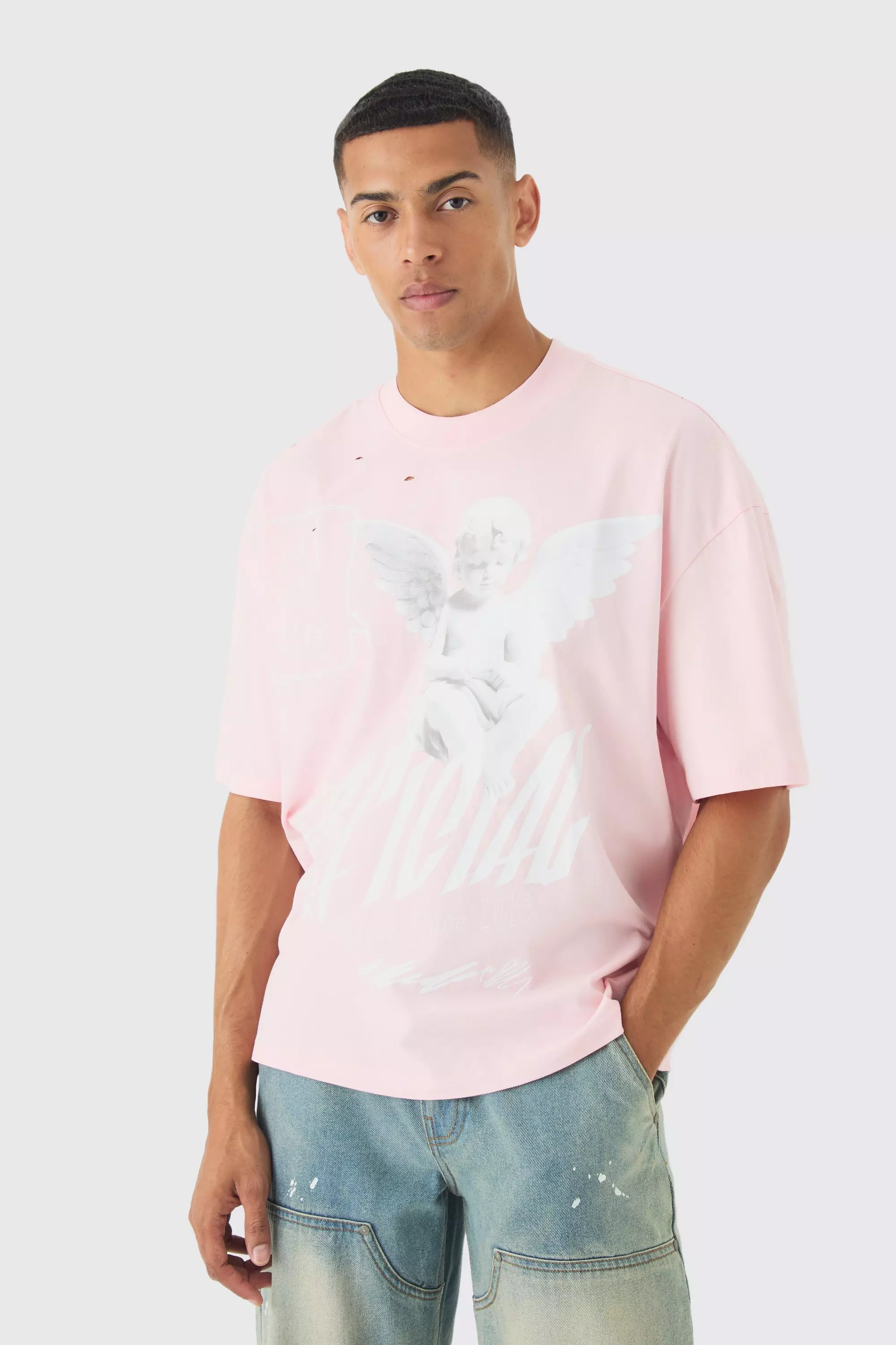 Oversized Boxy Distressed Heavyweight Renaissance Graphic T-shirt Pink