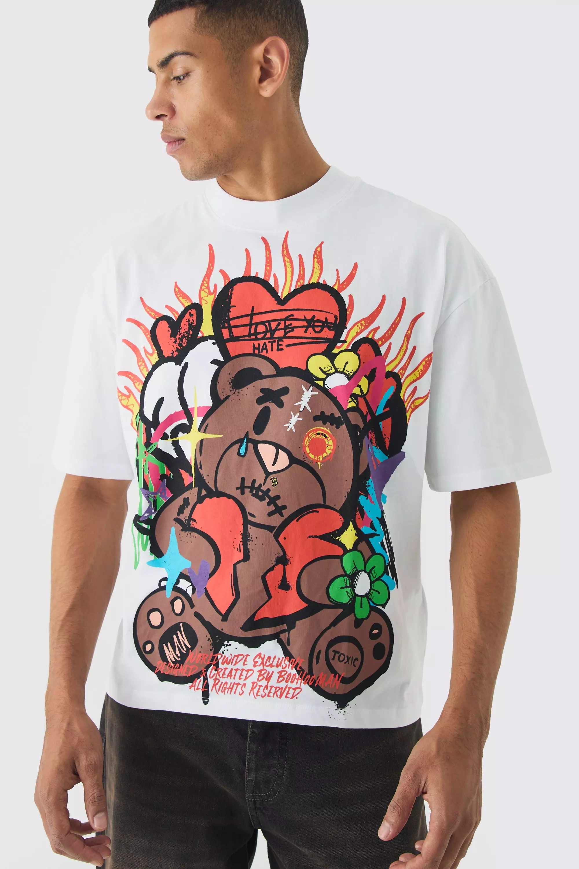 White Oversized Boxy Grafitti Bear Graphic T-shirt