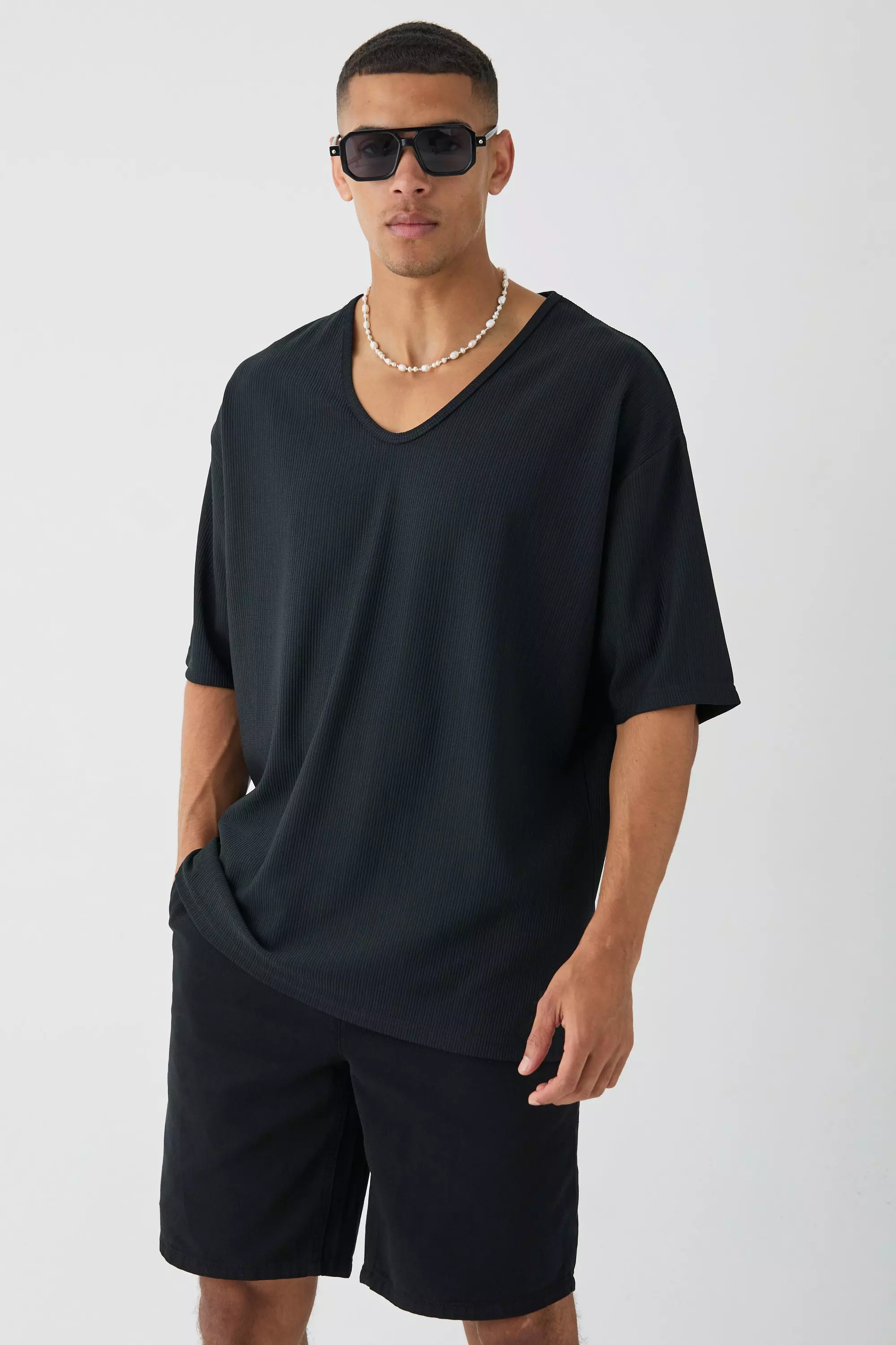 Oversized Scoop Neck Ottoman Rib T-Shirt Black