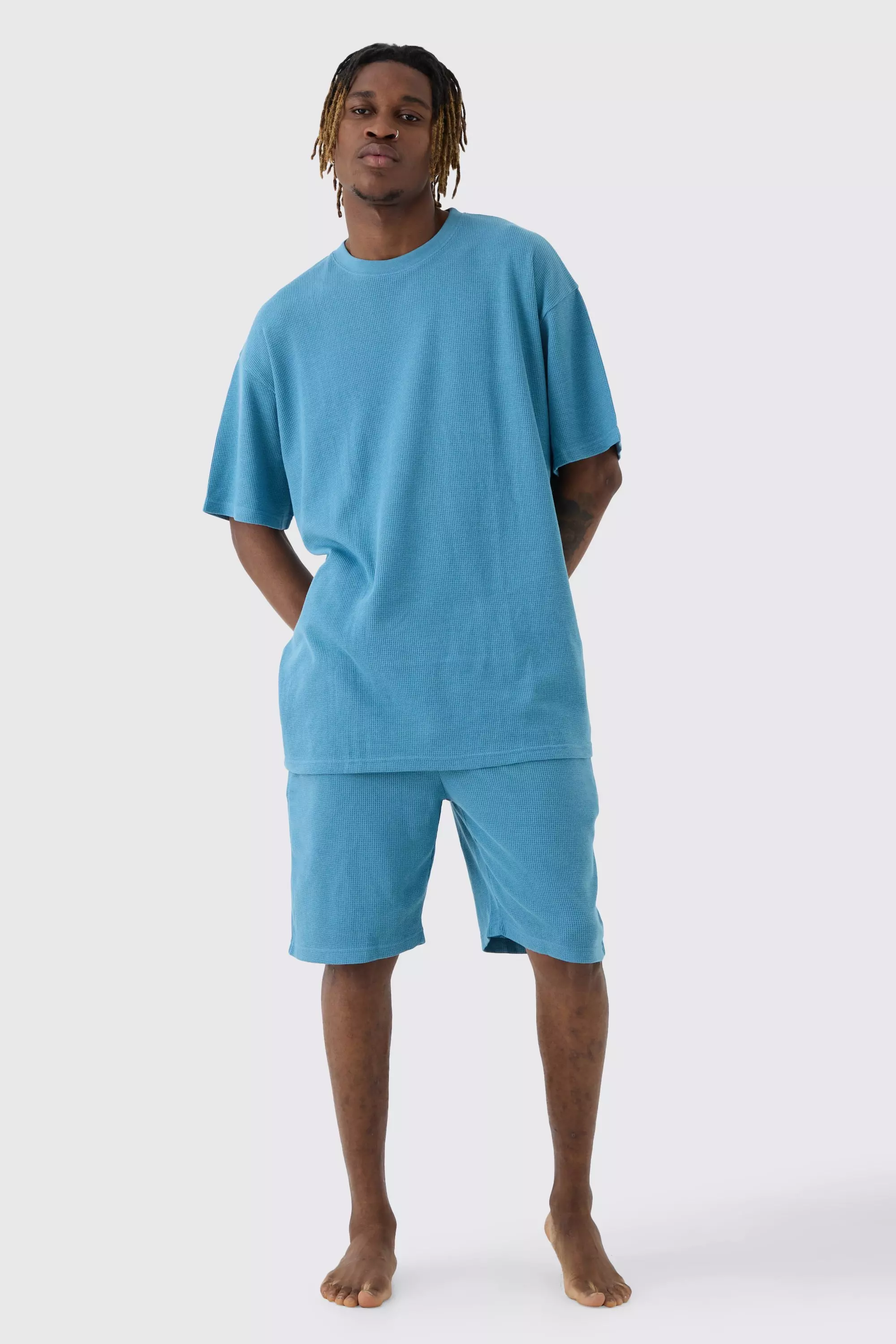 Tall Oversized Waffle Lounge Short Set In Blue boohooMAN UK