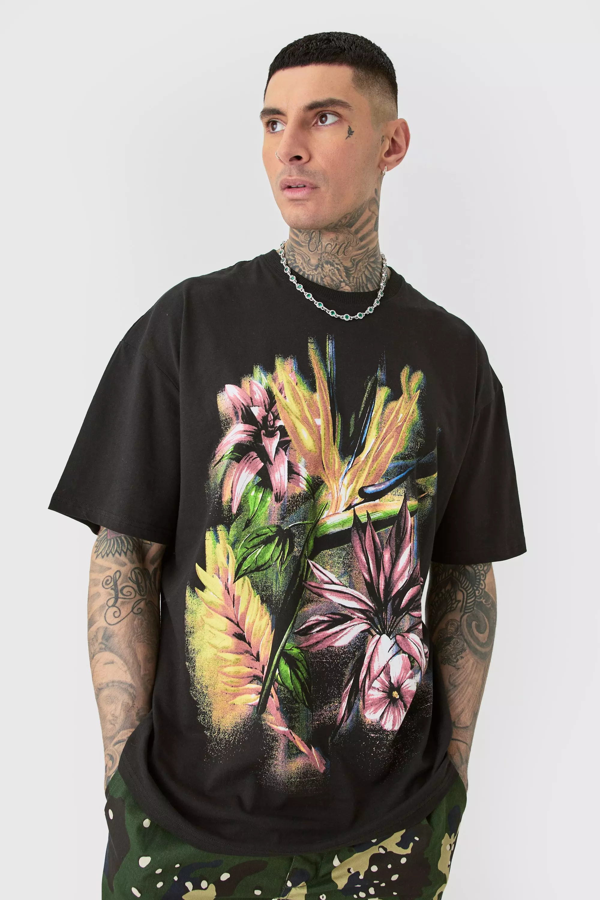 Tall Oversized Multi Floral T-shirt In Black Black