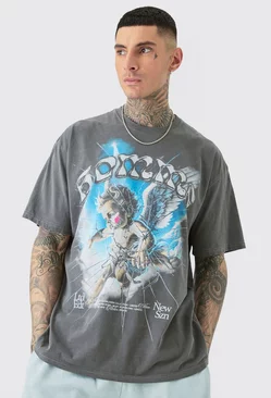 Grey Tall Oversized Homme Angel Acid Wash T-shirt In Grey