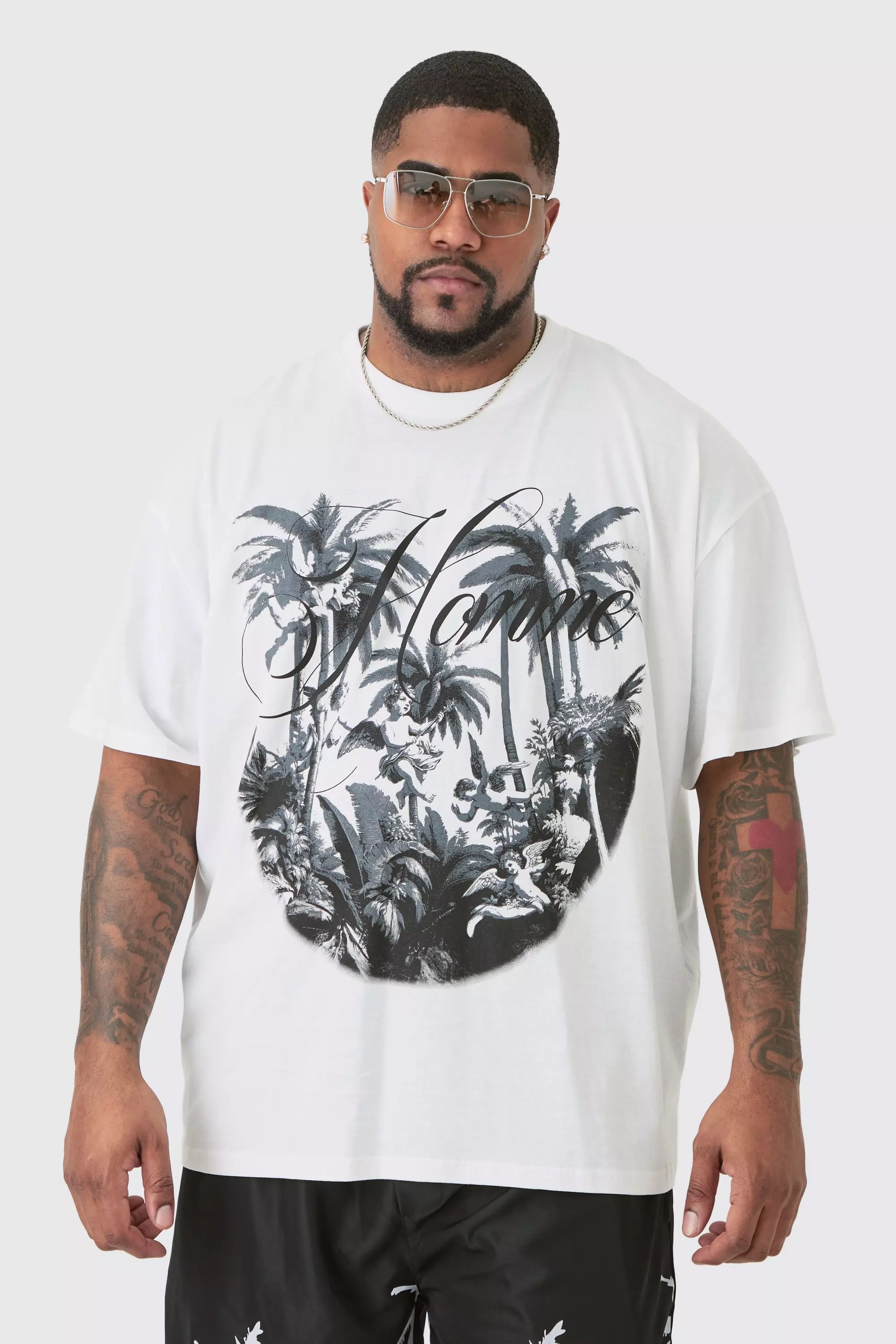 White Plus Oversized Palm Renaissance Print T-shirt In White