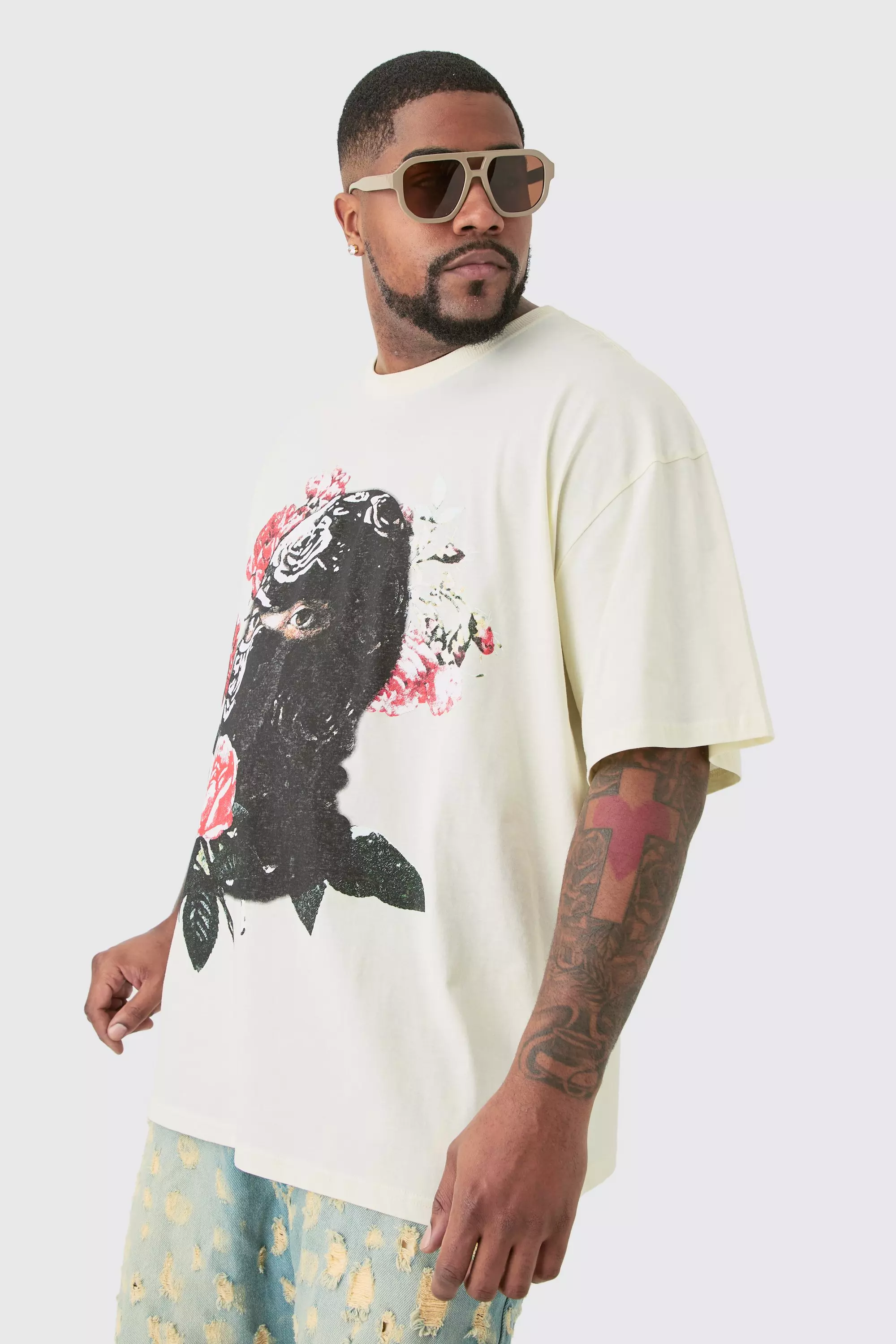 White Plus Oversized Floral Balaclava Print T-shirt In Ecru