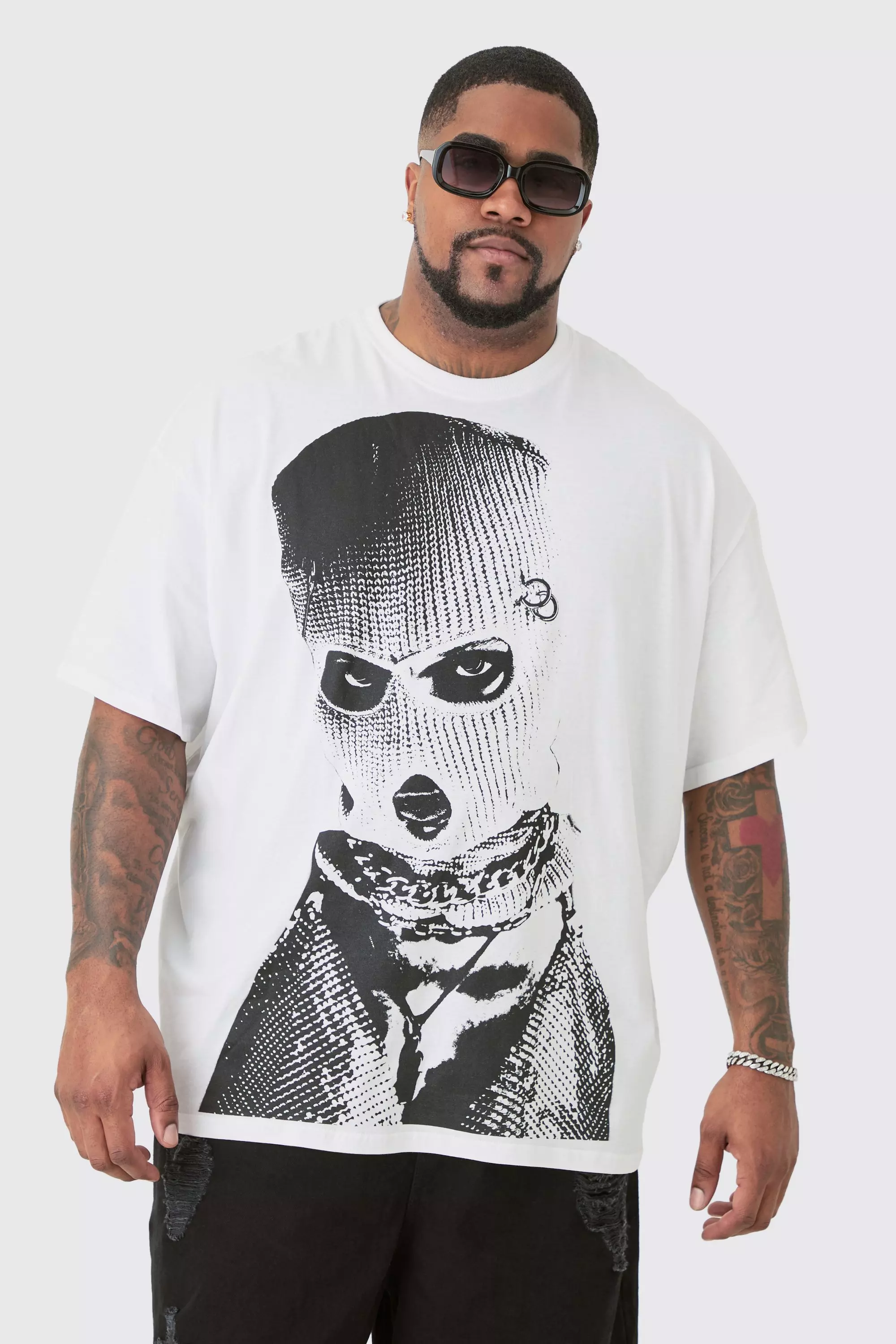 White Plus Oversized Mono Balaclava Print T-shirt In White