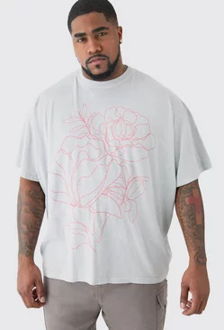 Plus Oversized Floral Stencil Print T-shirt In Grey Grey
