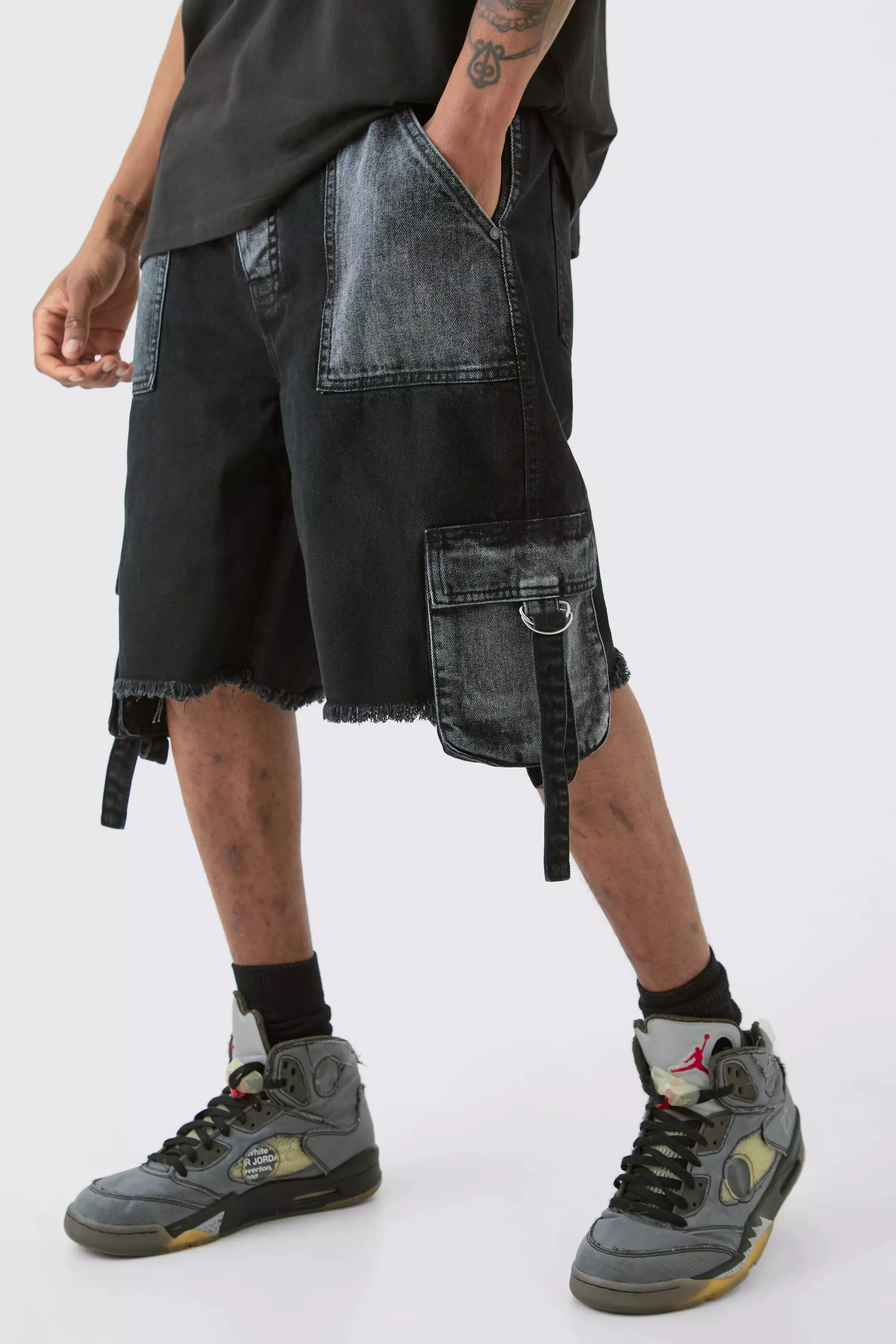 Grey Tall Relaxed Rigid Cargo Pocket Denim Short In Washed Black