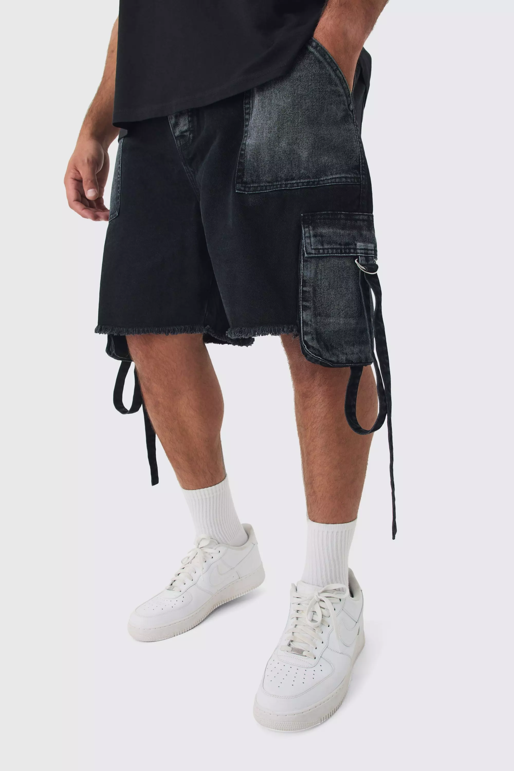 Grey Plus Relaxed Rigid Cargo Pocket Denim Short In Washed Black