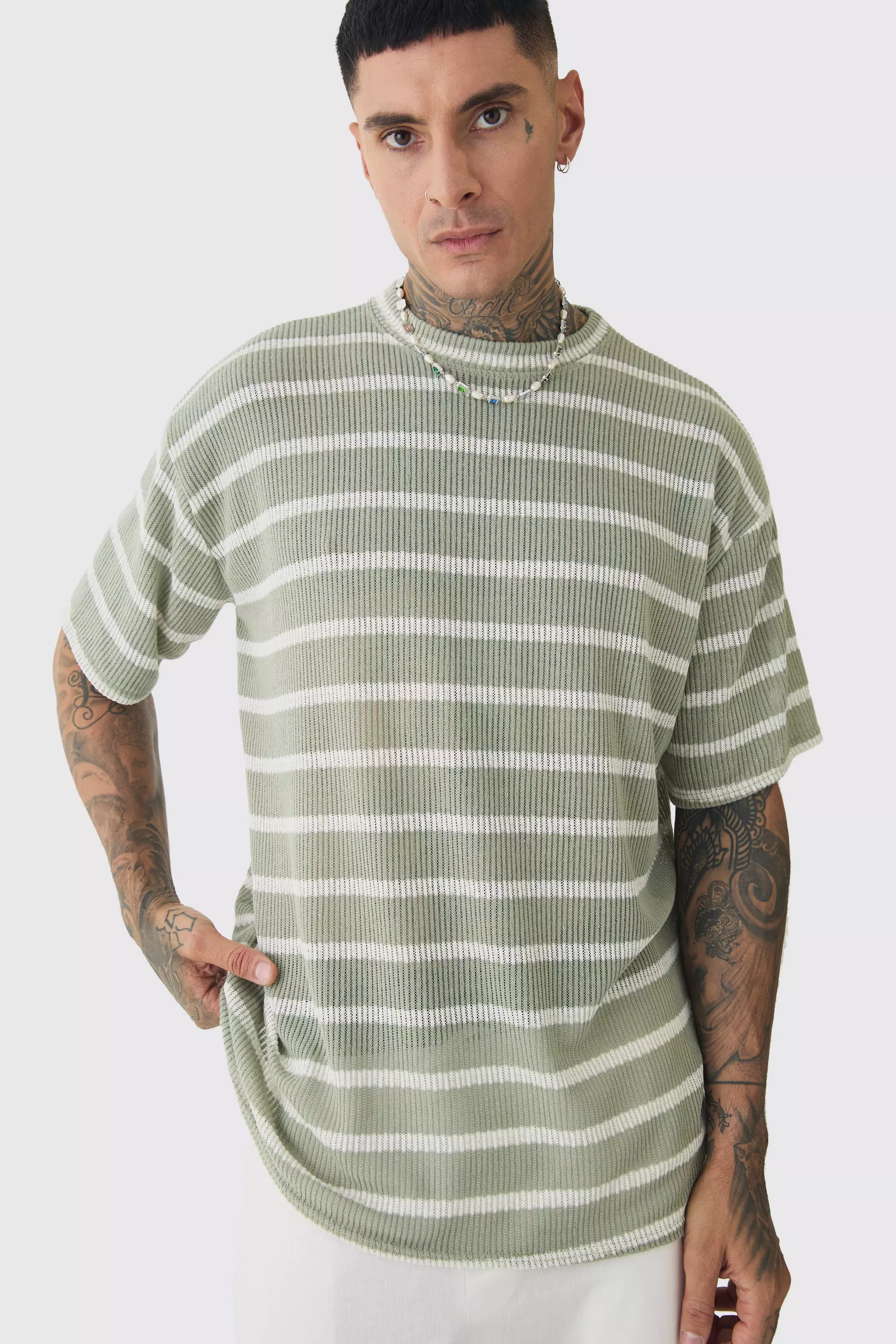 Tall Stripe Knit Relaxed T-shirt Sage