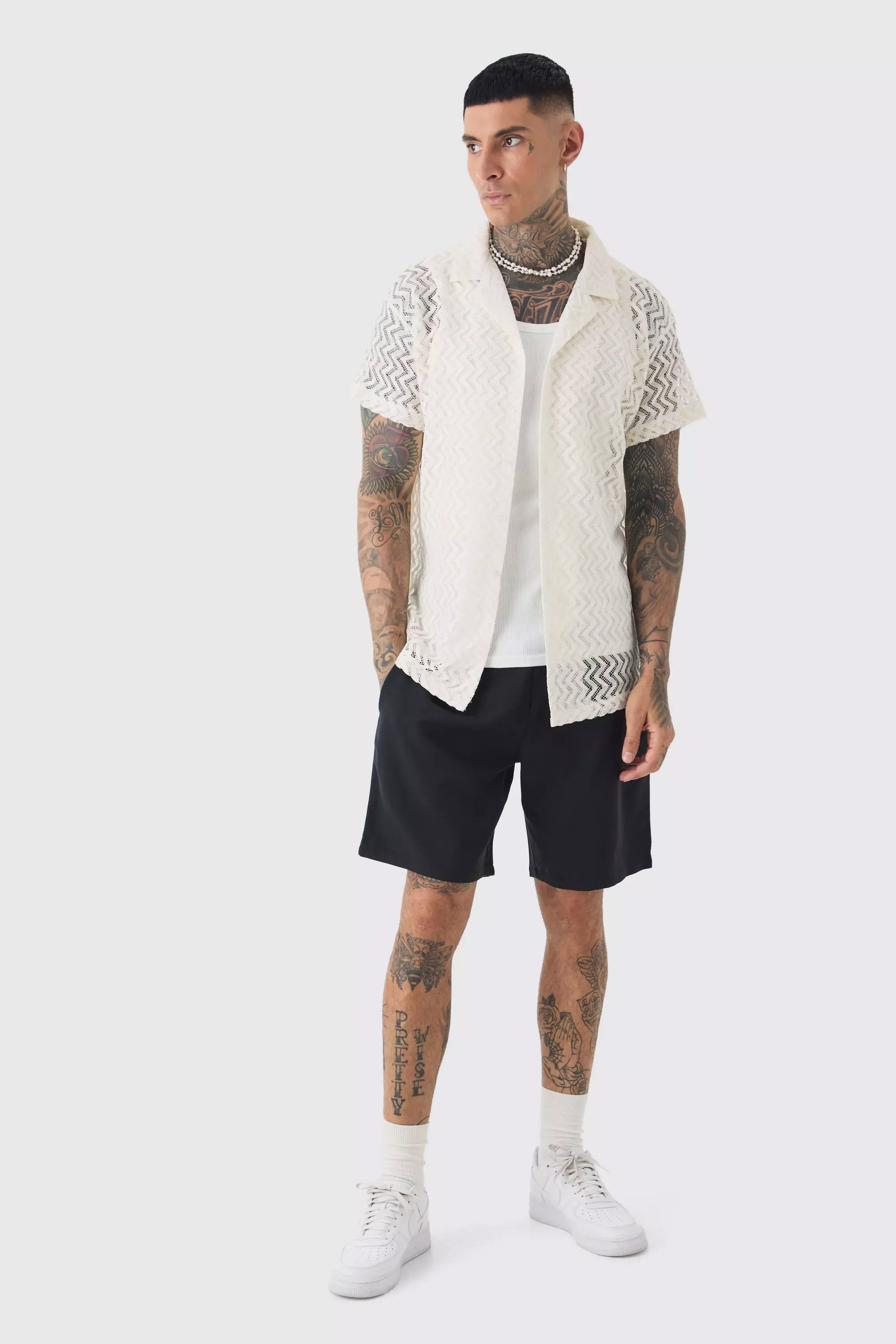 Tall - Ensemble en crochet avec chemise et short, Stone autre image