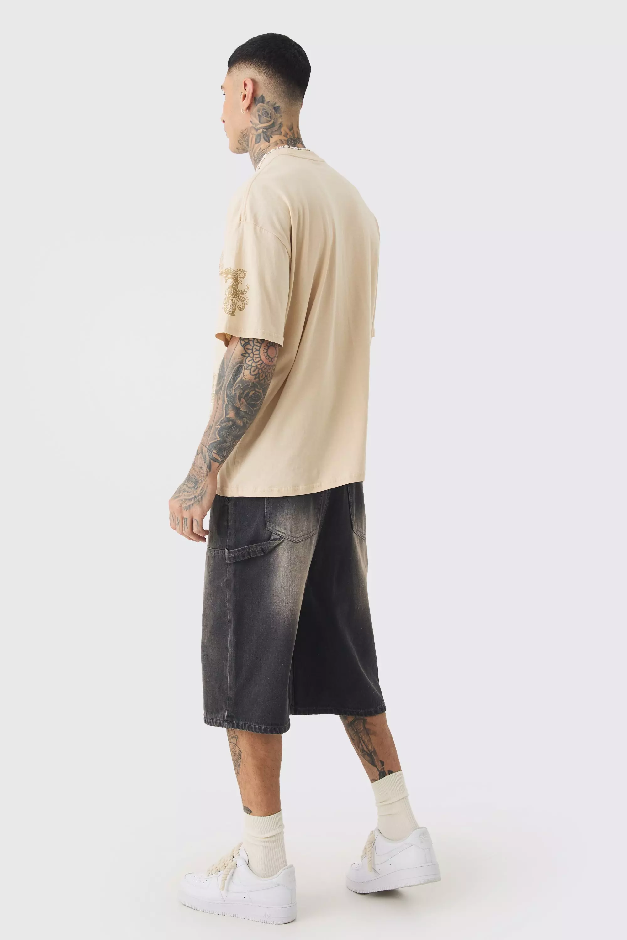 Tall Carpenter Detail Denim Jorts In Grey | boohooMAN USA