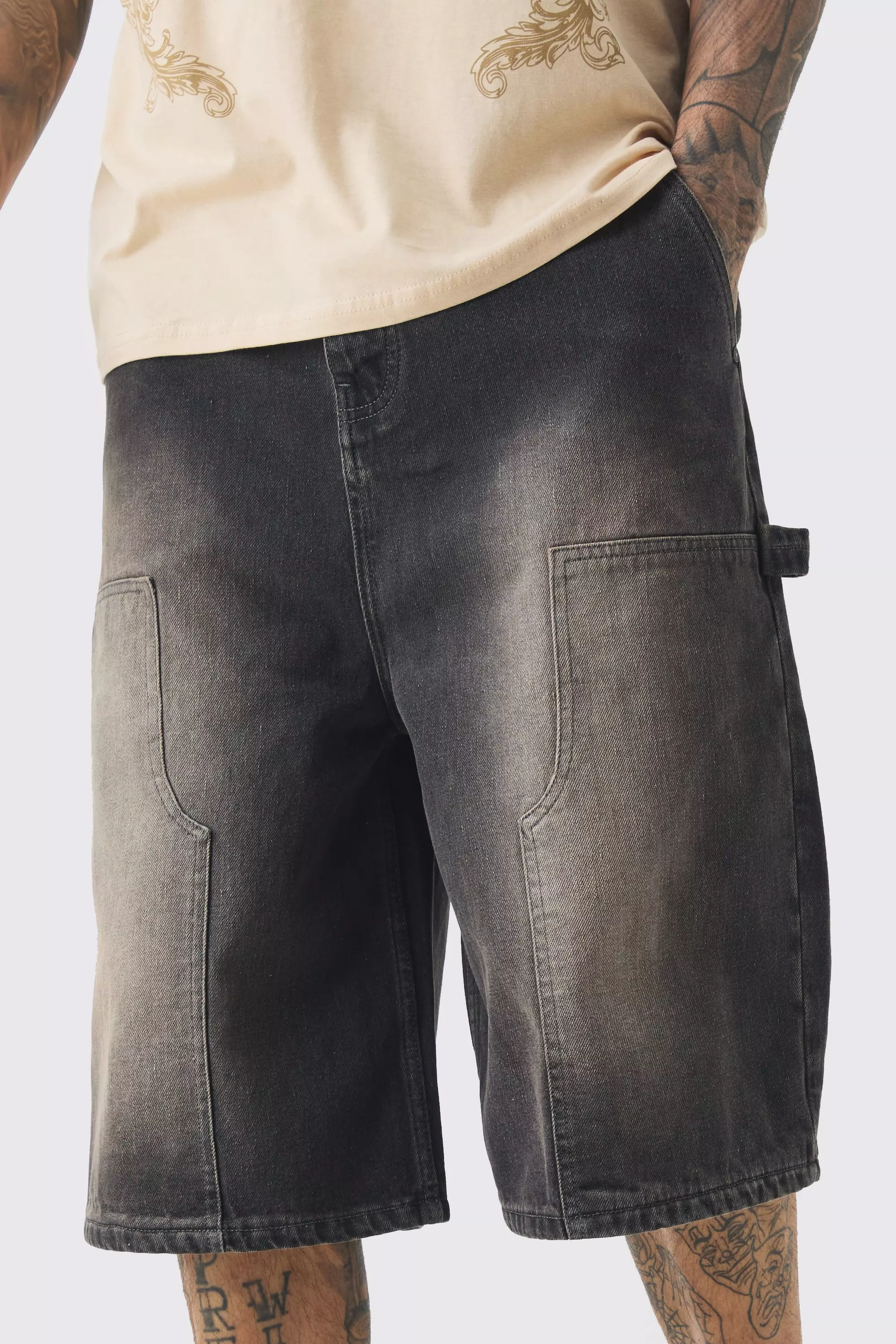 Tall Carpenter Detail Denim Jorts In Grey | boohooMAN USA