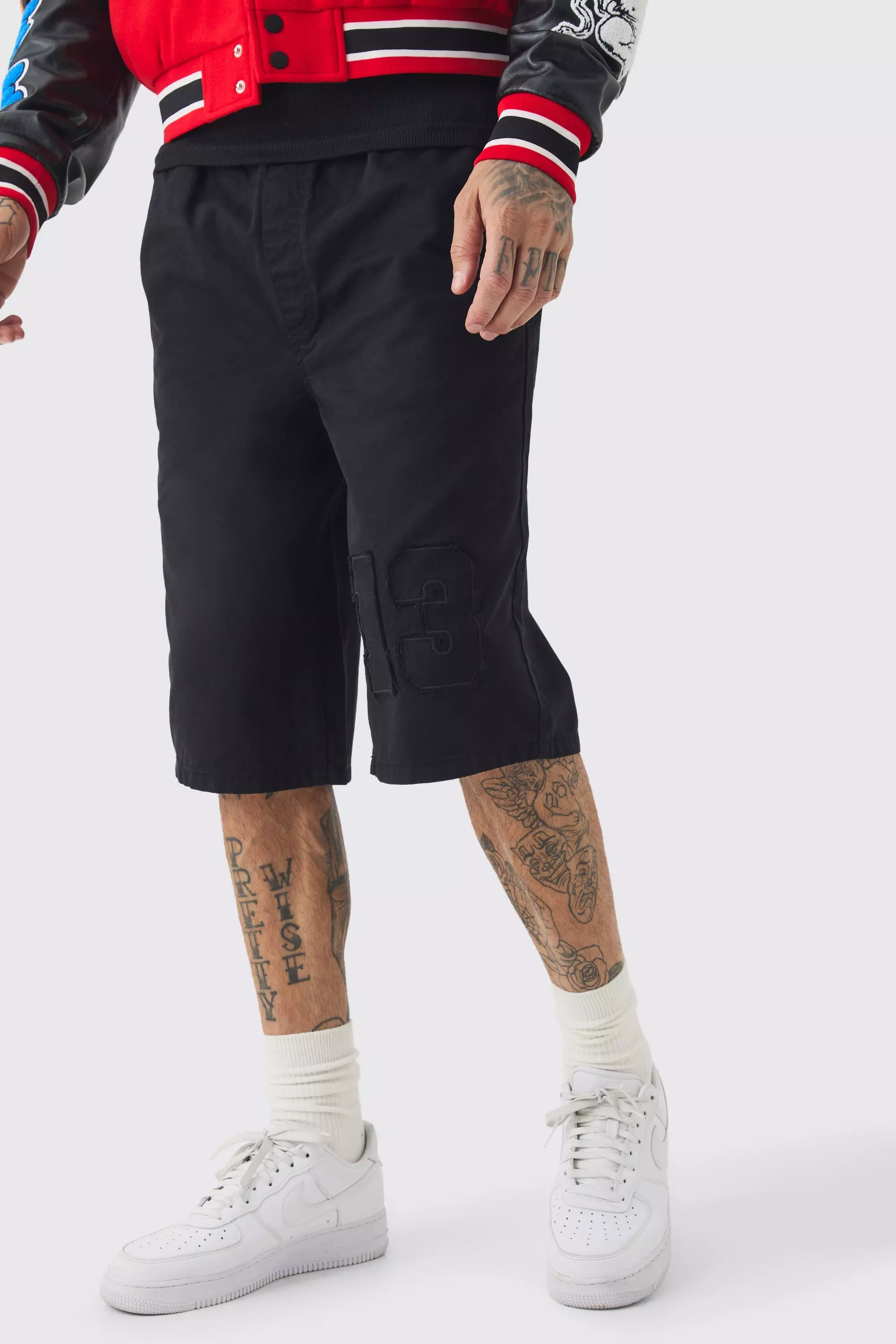 Black Tall Elasticated Waist Applique Jorts