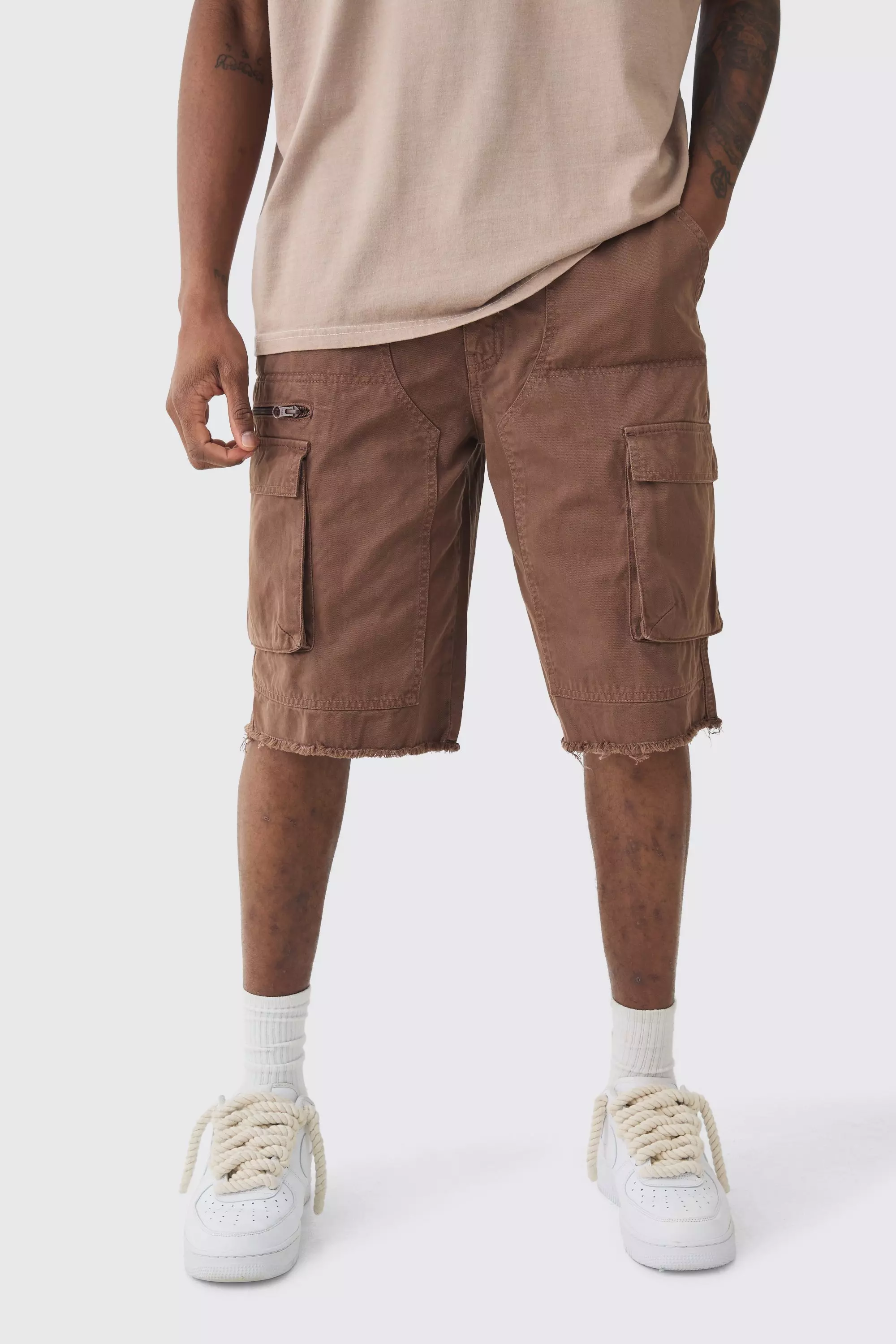 Tall Fixed Waist Raw Hem Relaxed Cargo Shorts Chocolate