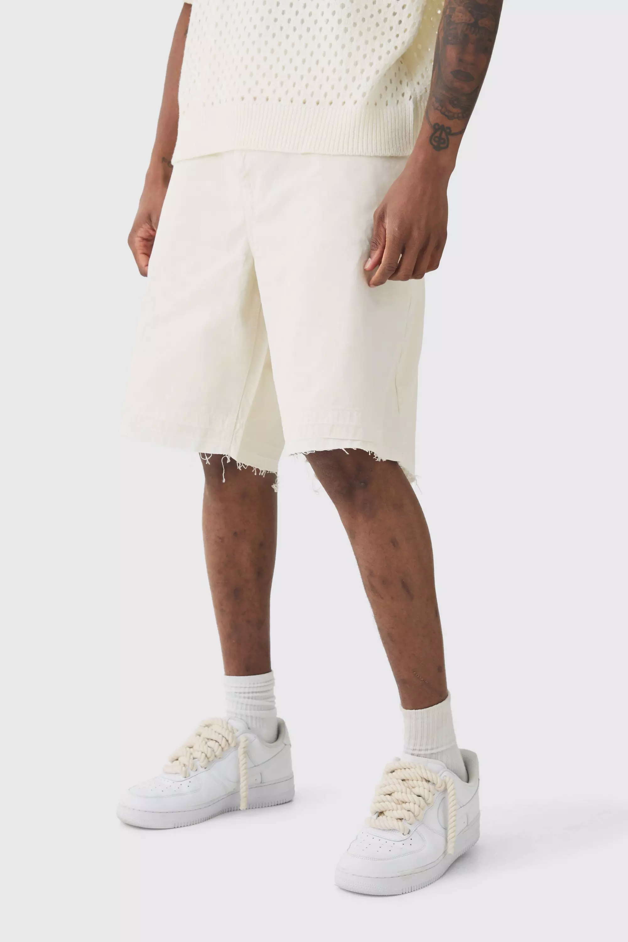 Tall Fixed Waist Raw Hem Relaxed Gusset Shorts Ecru