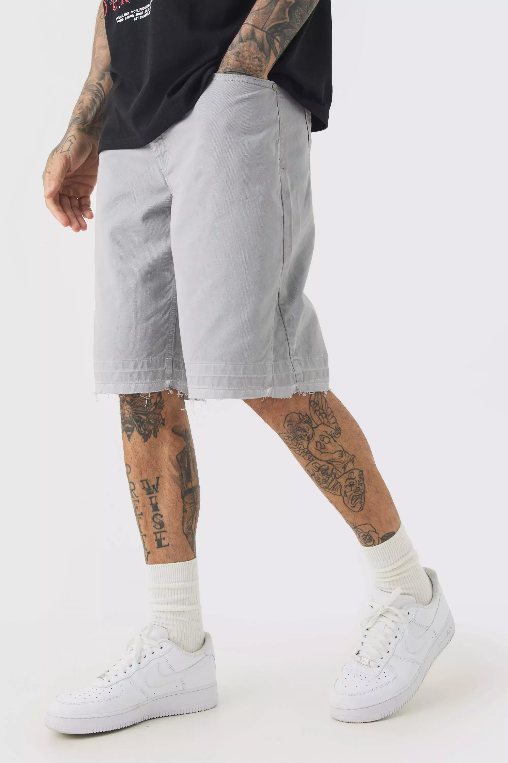 Tall Fixed Waist Raw Hem Relaxed Gusset Shorts Grey